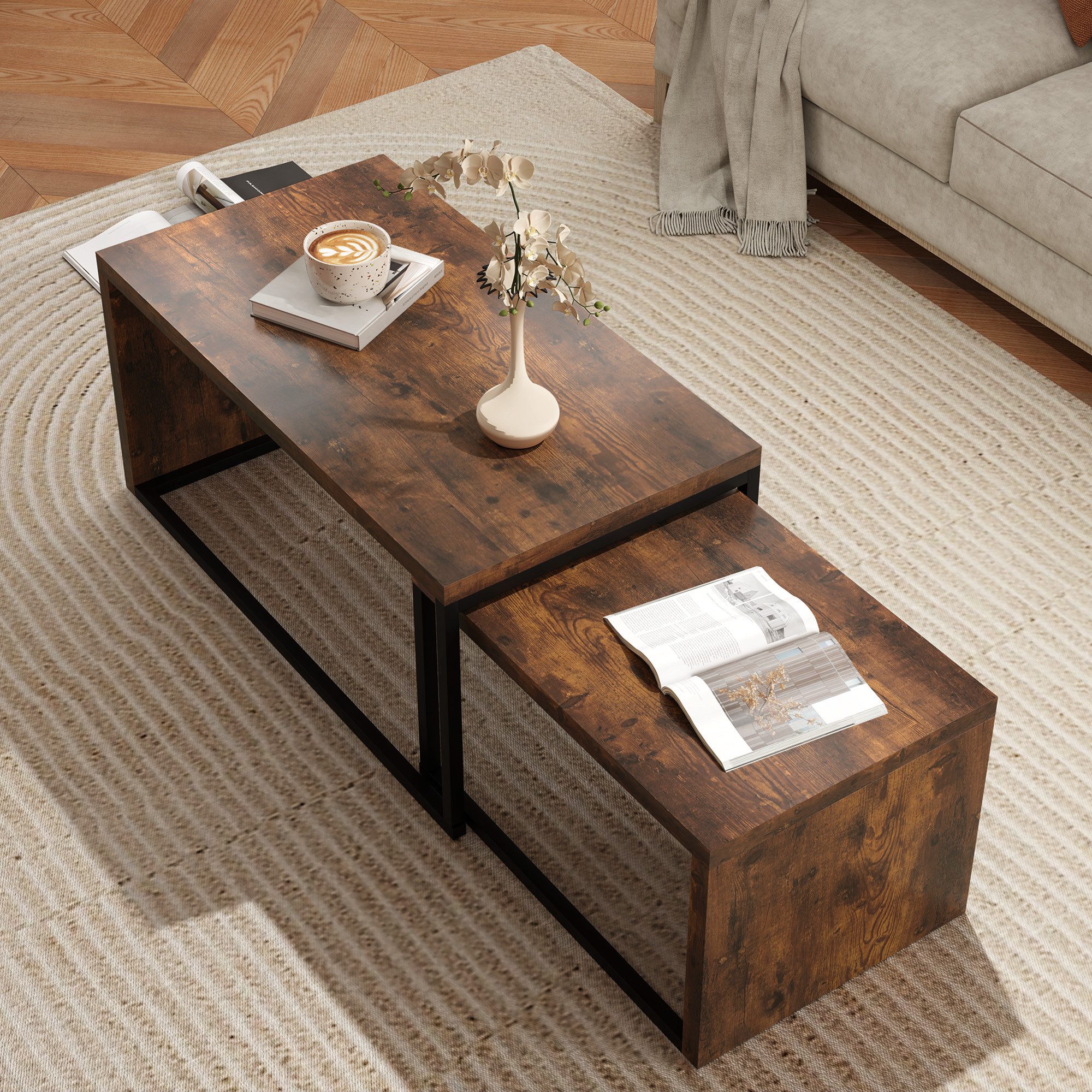 MODFU Couchtisch Zweiteiliges Set Beistelltische mit schwarzen Metallfüßen (Couchtische 90x48x42/59x42x36 cm, 2-St., Schlichte Kaffeetische in Braun mit vielfältigen Einsatzmöglichkeiten), Dekorative Tischkombination für das moderne Wohnumfeld