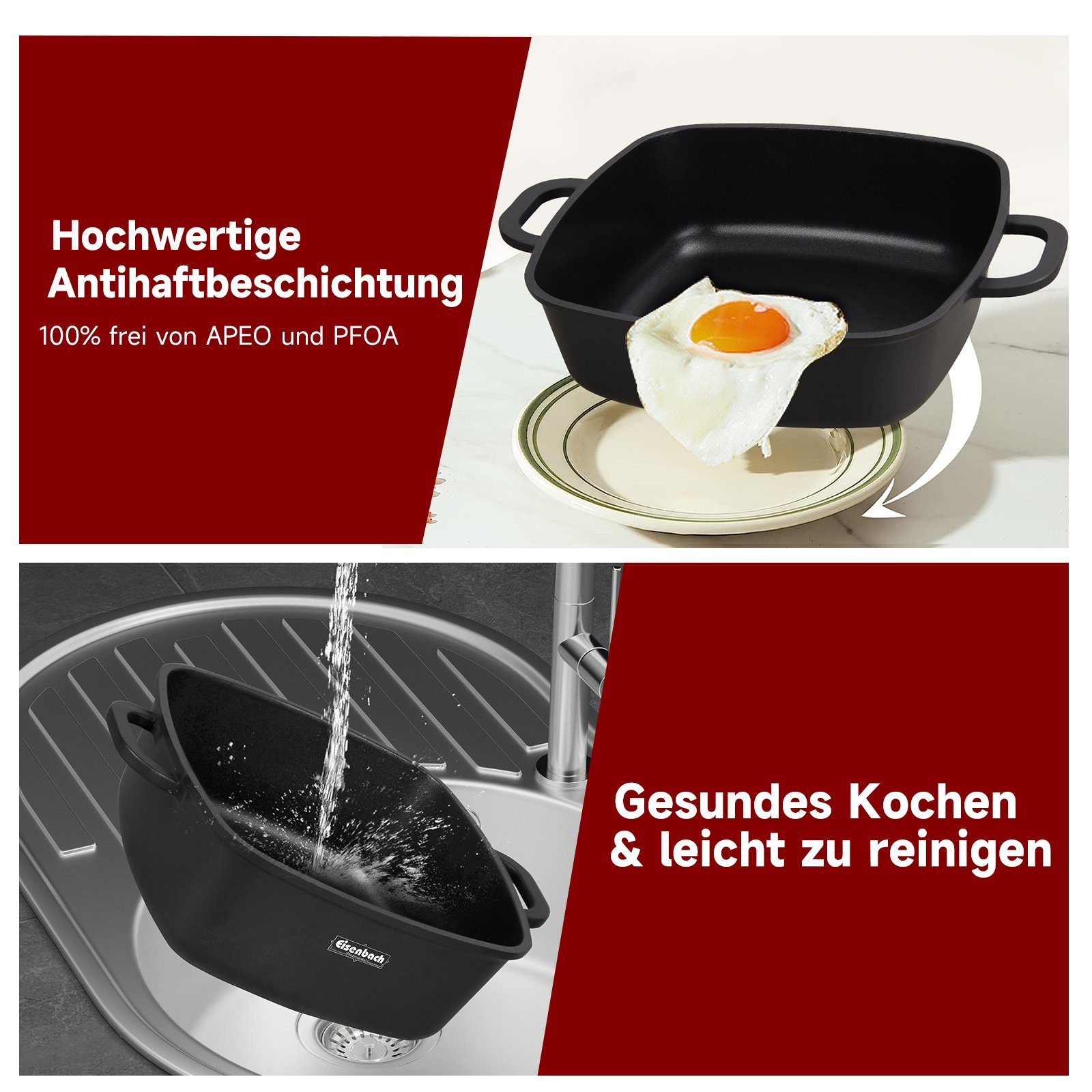 Induktion Herdarten, Topf-Set Induktion, 6tlg, mit 6-tlg., auch Topf), Quadratischer Eisenbach Kochtopf Aluminium alle Glasdeckel, 2,8+4,5+6,5L Set (Für induktionsgeeignet