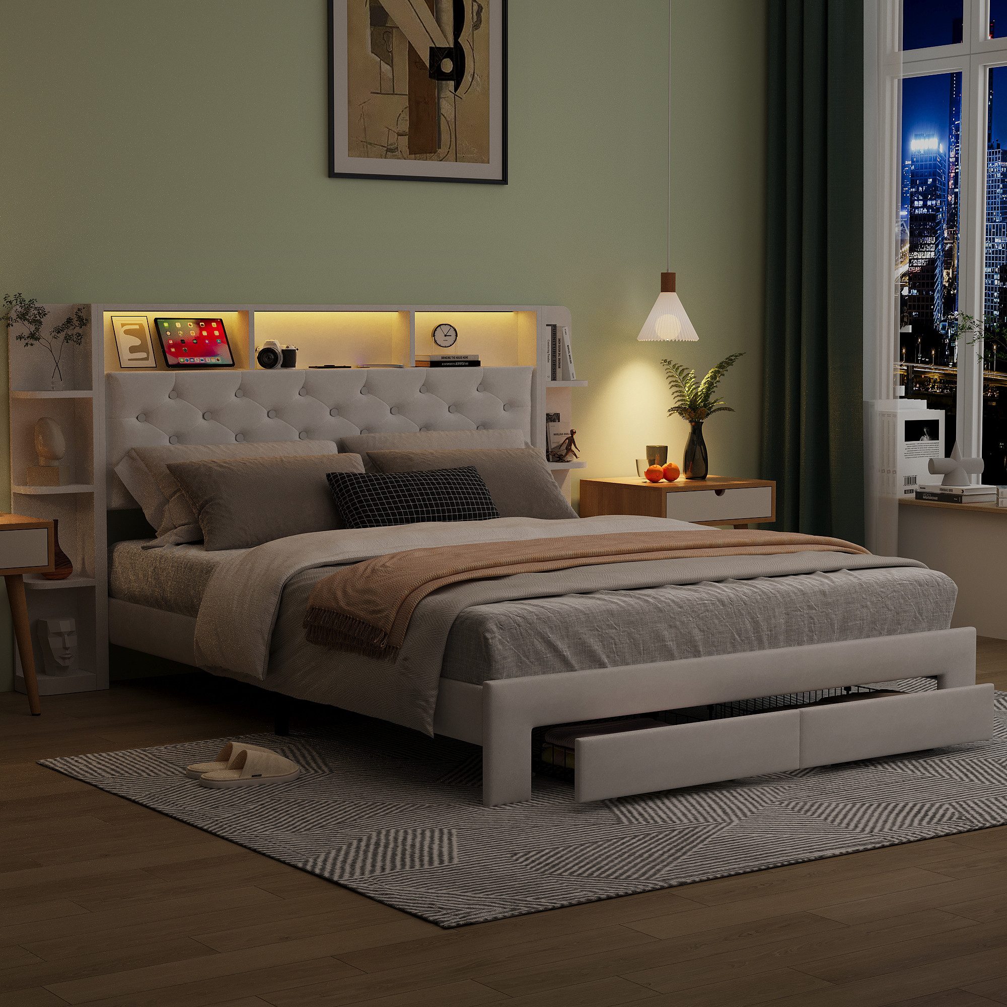 ADWOLT Stauraumbett Weiß Polsterbett Doppelbett mit 2 Schubladen (Set, 1-tlg., Kopfteil mit LED-Beleuchtung und Staufächer), Funktionsbett Bettgestell, Samtstoff, Ohne Matratze, 140x200cm