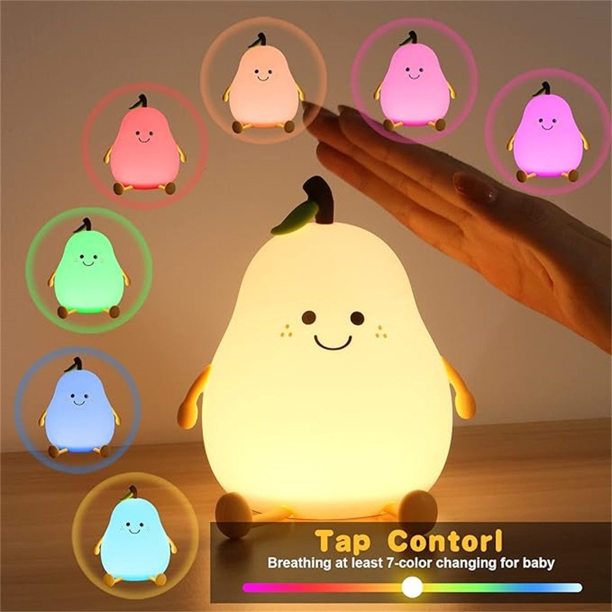 ZEUOPQ LED Nachtlicht LED Nachtlicht 7Farben-Lächeln in Birnenform,Silikon Nachtlicht Kinder, Eingebaute, wiederaufladbare 1200 mAh LED-Lampe, USB-ladefähig, Warmweiß (3000K) und 7-farbiges Licht für entspannende Atmosphäre, Weiches Silikon, stressabbauend, ideal für Kinder & Stillen