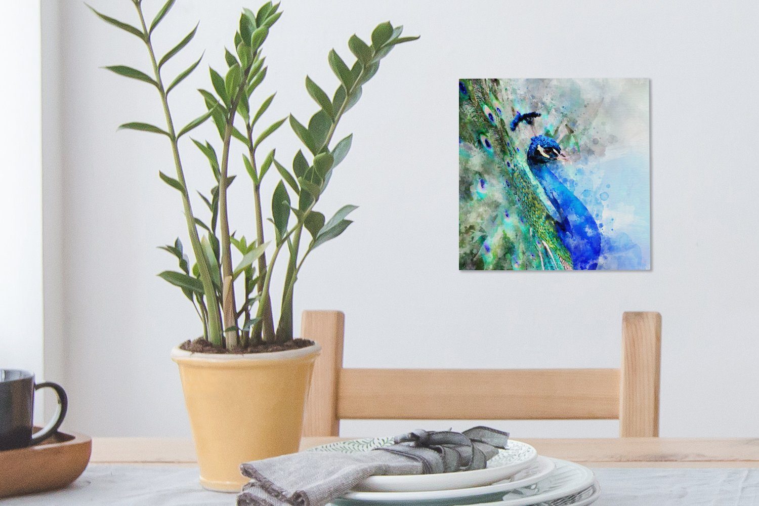 OneMillionCanvasses® Leinwandbild Aquarell - Pfau St), Blau, Bilder Schlafzimmer Wohnzimmer Leinwand - (1 für