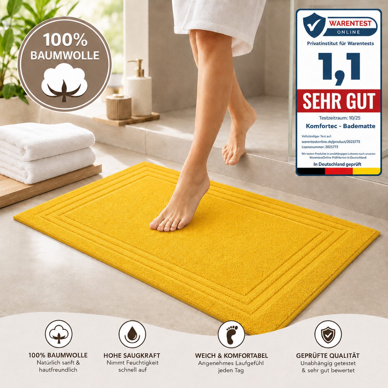 Komfortec Badematte 2er Badetuch Set aus 100% Baumwolle 50x70 cm Extra Weich & Saugstark, Rechteckig, 600 g/m² – Bild 4 von 5