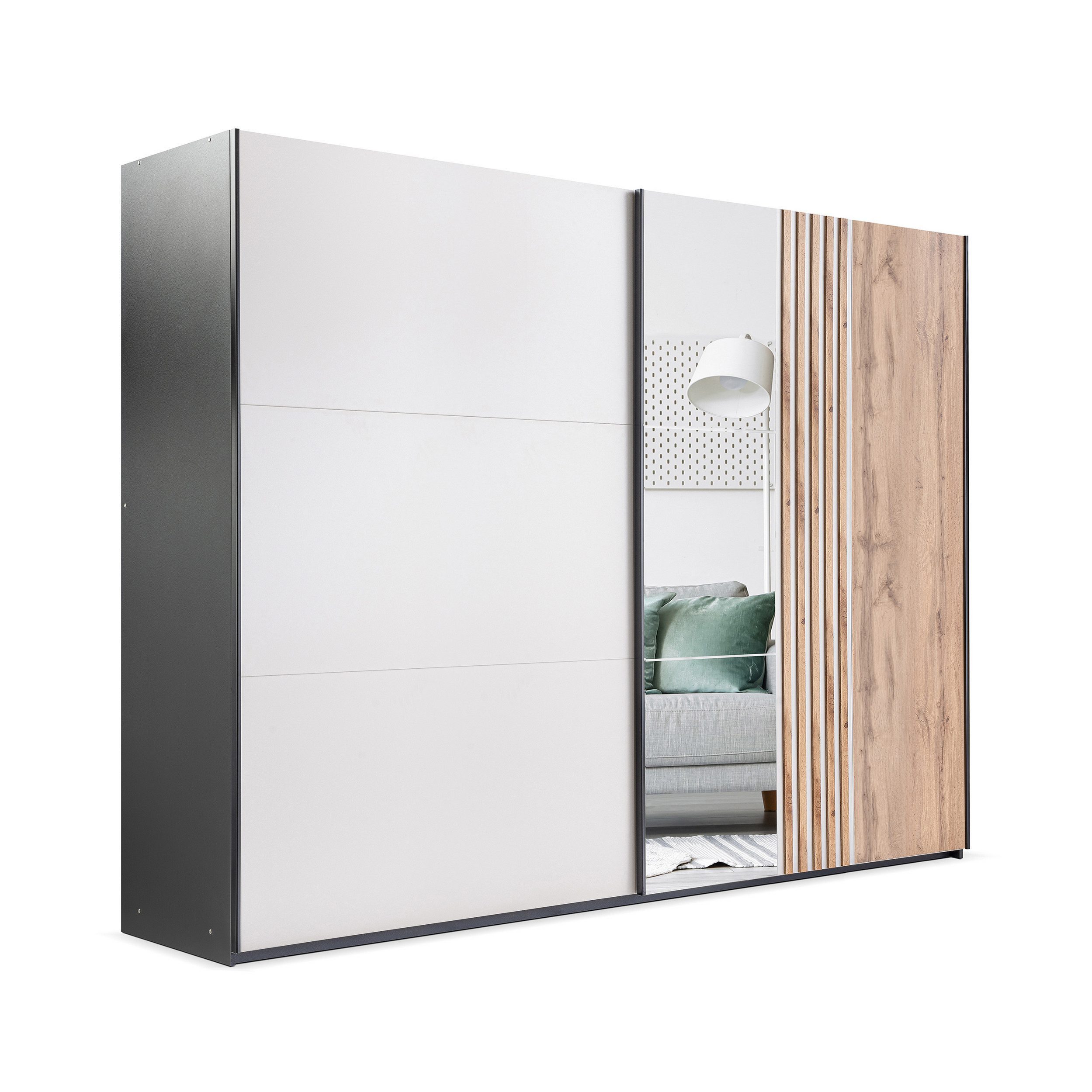 Beautysofa Schwebetürenschrank EVIA mit Spiegel und 2 Türen (Regalböden und Kleiderstangen, modernes Design) Breite: 203 cm oder 250 cm