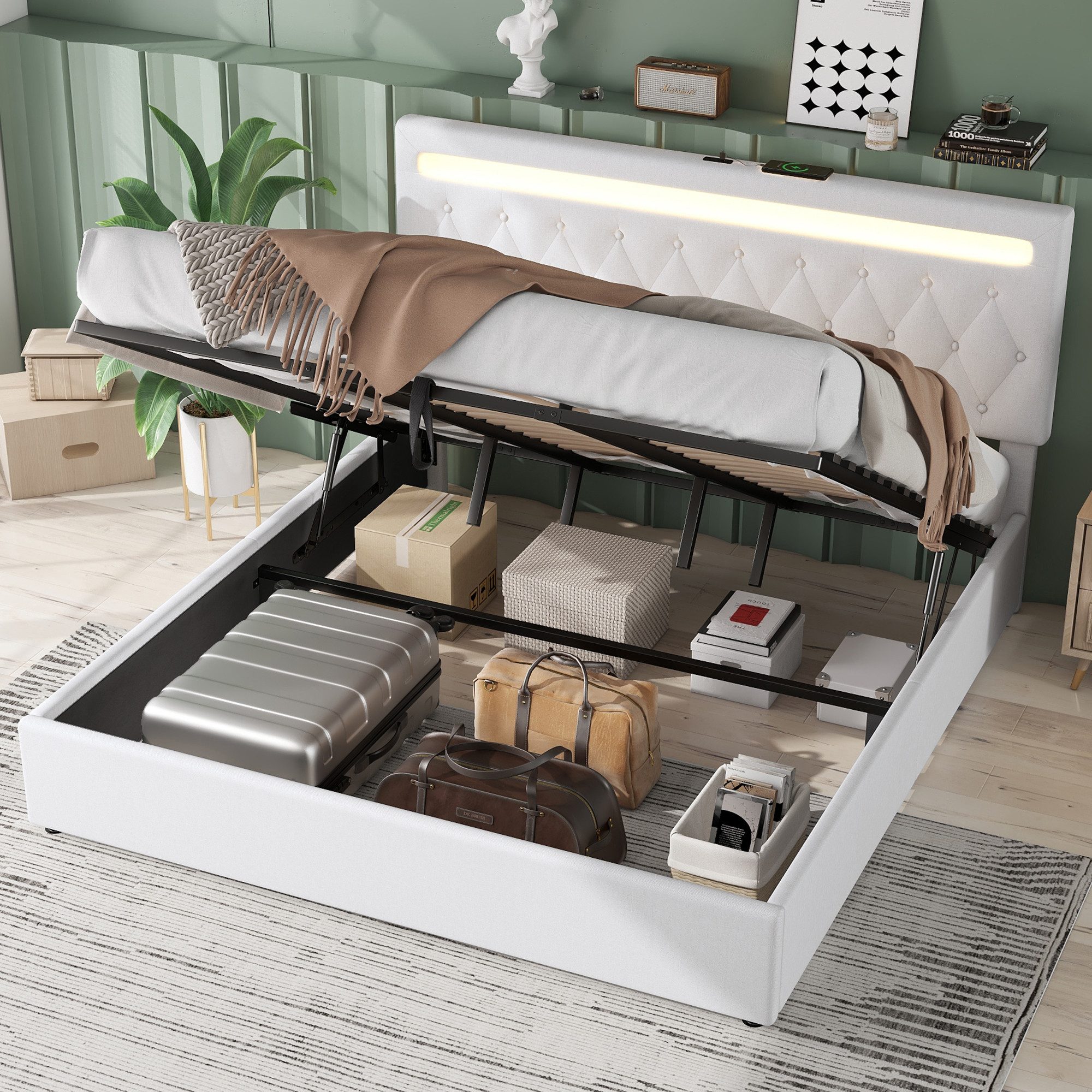 Flieks Polsterbett, LED Hydraulisches Doppelbett 180x200cm mit Ladefunktion günstig online kaufen