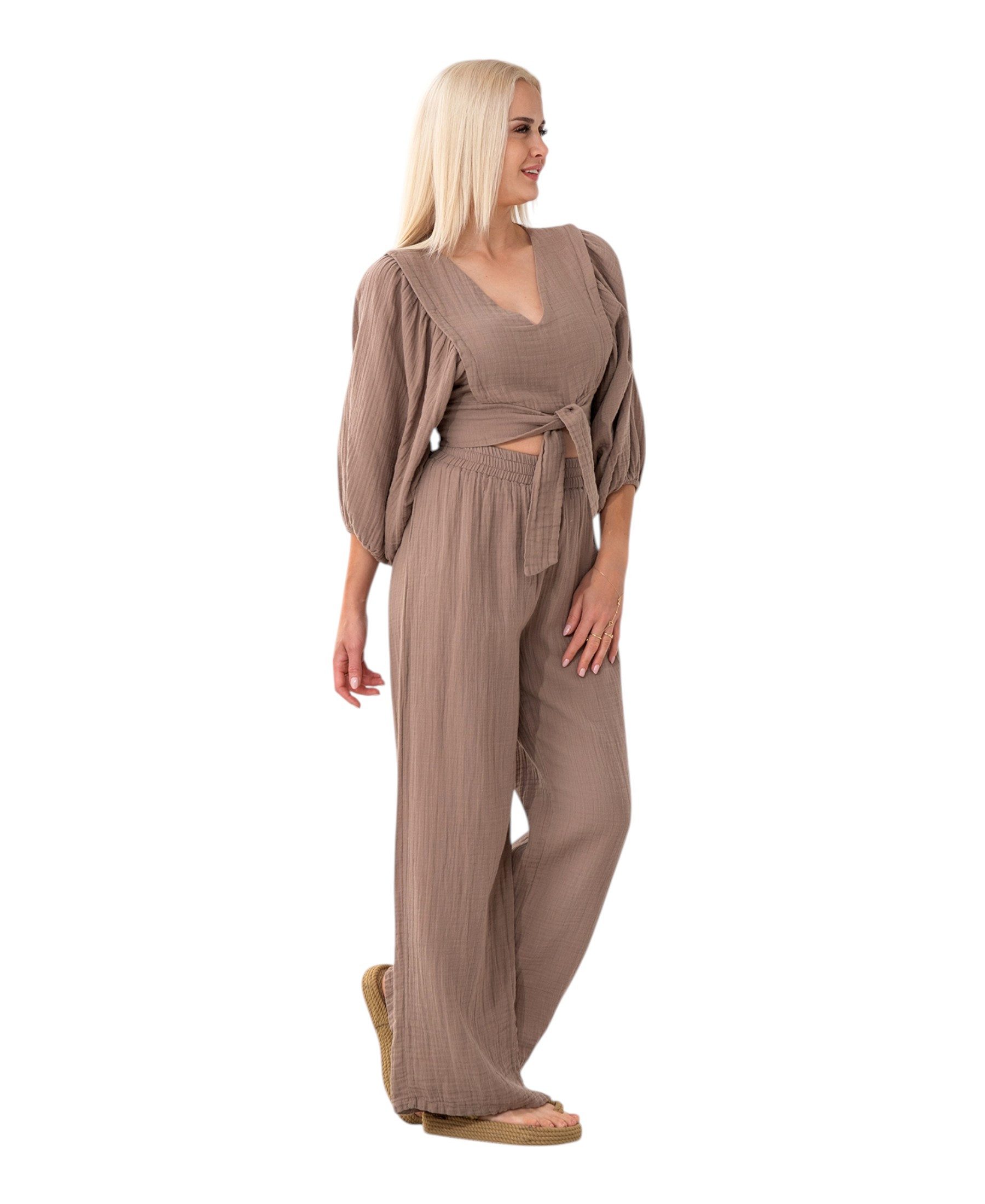 WENOR Crop-Top Set Damen Musselin-Zweiteiler mit Hose, Wickel-Top & V-Ausschnitt (2-tlg., Zweiteiliges Set) Bindeband vorn, Raffdetails an Schultern