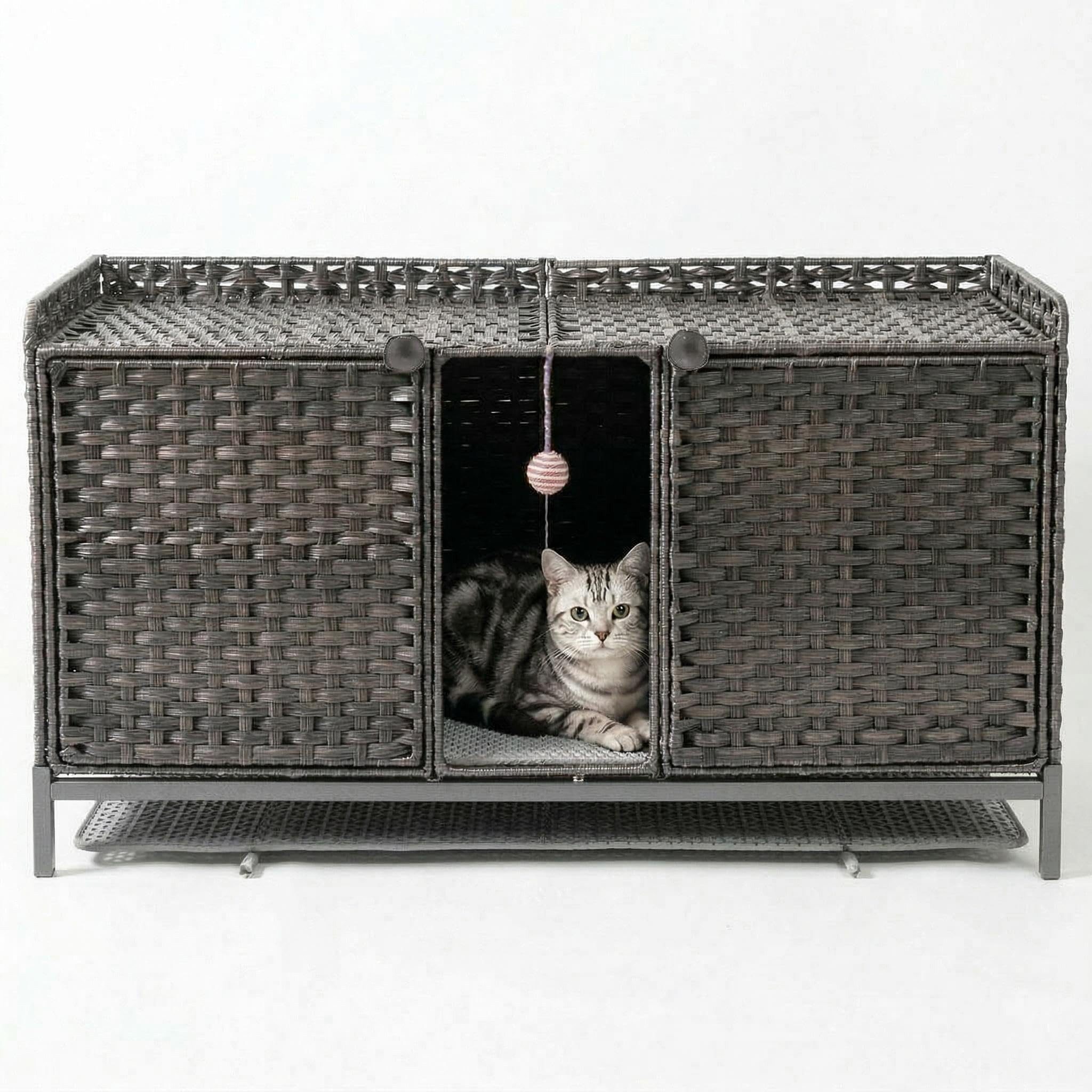 GarveeMore Katzentoilette Rattan Katzenklo Möbel mit Tür, Matte und Haken, versteckte