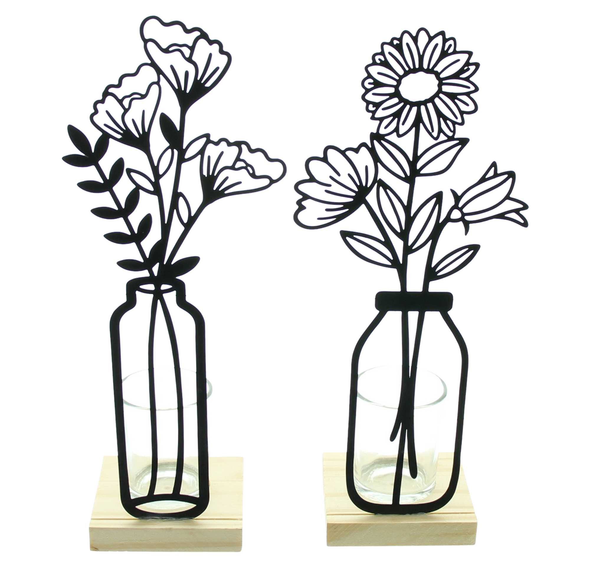 Dekoleidenschaft Teelichthalter "Metallblumen" matt schwarz, 27 cm hoch, Kerzengläser, Kerzenständer (2 St., im Set), auf Holz-Sockel, Metall Deko mit Windlicht-Glas