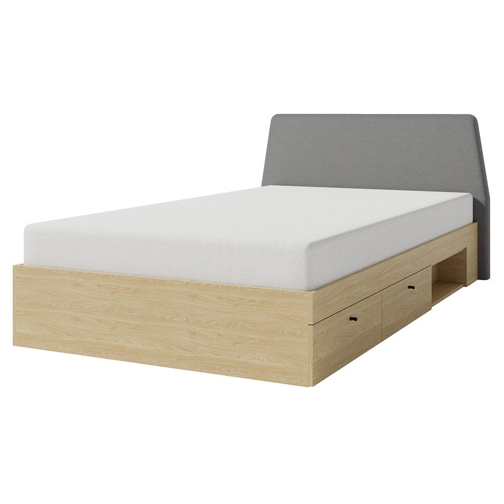 Lomadox Bettgestell ALAMO-133, Eiche Nb. mit grau, 120x200cm, 2 Schubkästen, 1 offenes Fach