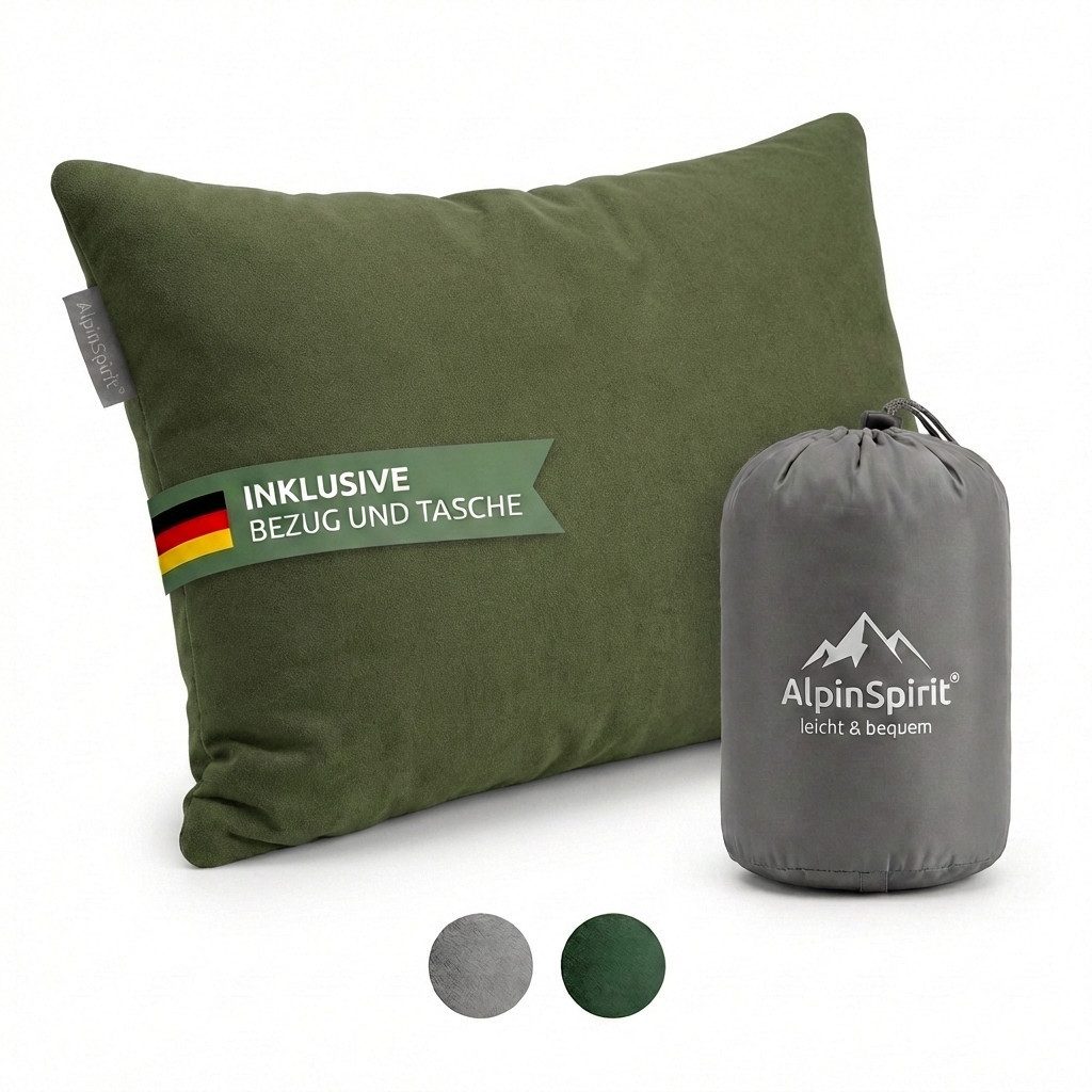 AlpinSpirit Reisekissen AlpinSpirit Camping und Reisekissen [100% Baumwollbezug] waschbar, Atmungsaktiv, Memory Foam Füllung, kleines Packmaß, Travel Pillow