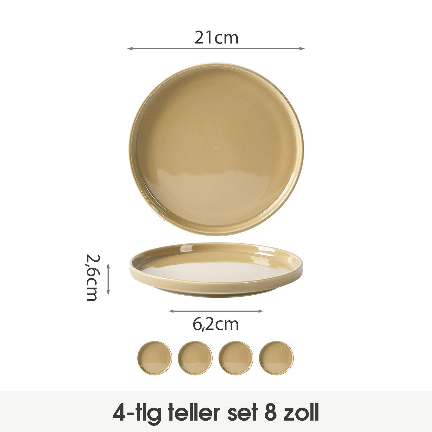 JIWOO Teller 4er Ø21cm,Frühstücksteller Steakteller Pastateller Brotteller Plate, (4 St), Keramik Hochwertiges Tellerset Braun Mikrowellen spülmaschinenfest