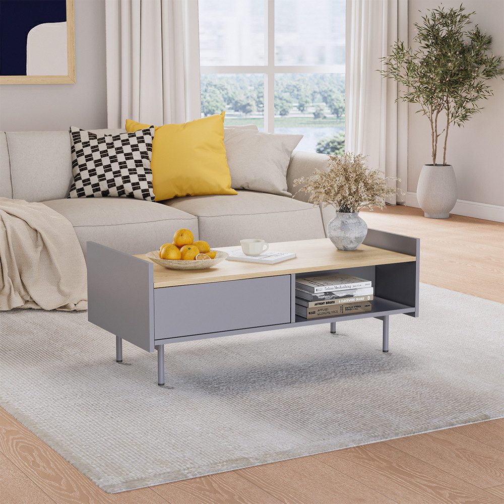 Vicco Couchtisch Velina, Grau/Eiche, 100 x 50 cm mit 2 Schubladen (1-St)