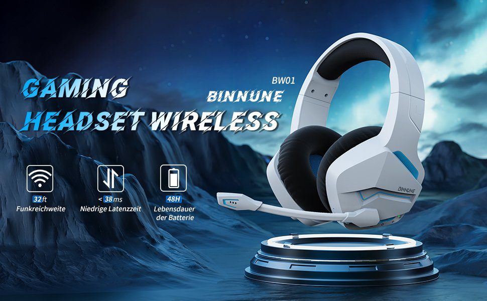 BINNUNE Cancelling Akkulaufzeit) (Professioneller Stereo mit Bluetooth, Stunden Headset 48 Noise Sound Gaming-Headset Gaming-Sound,