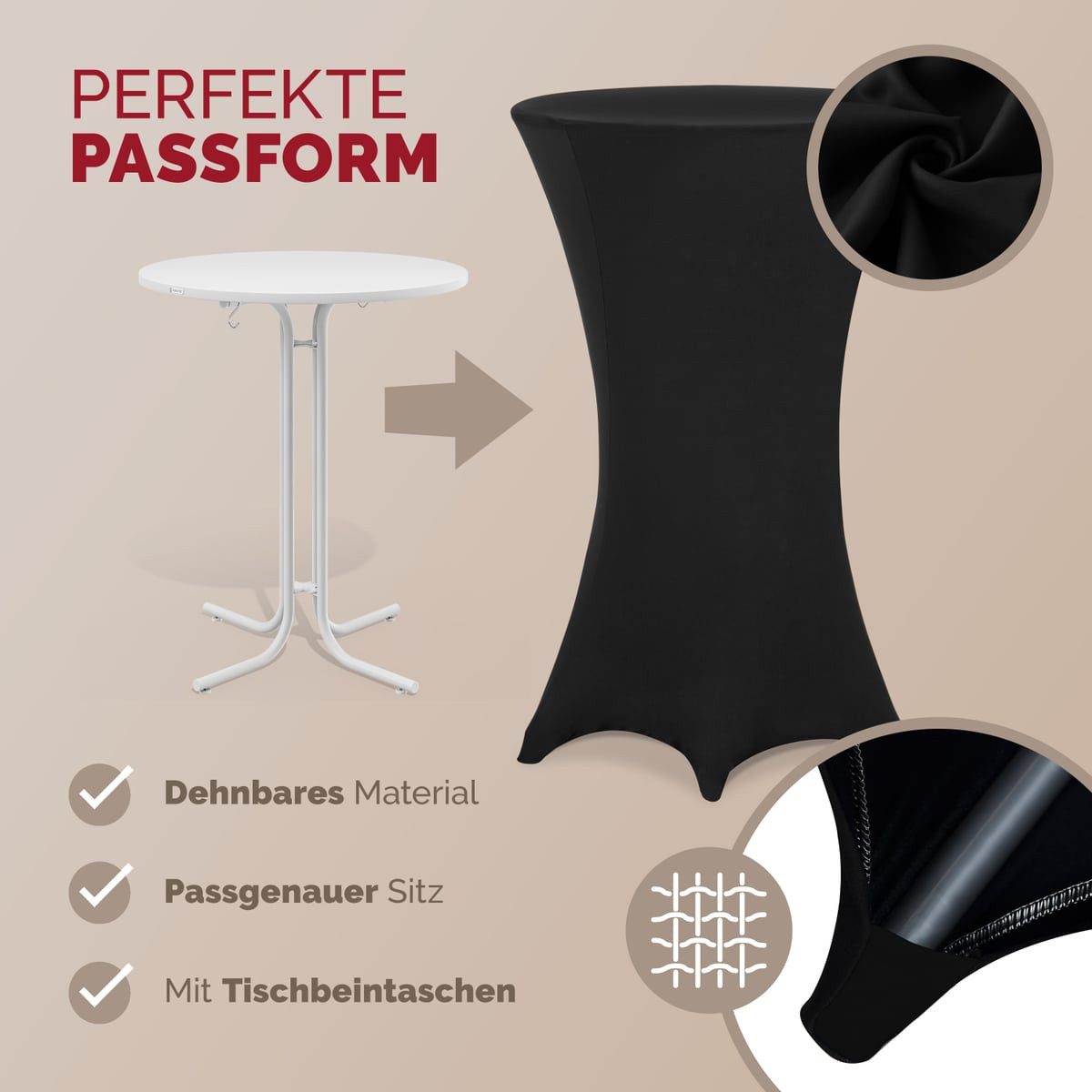 Detex Stehtischhusse, 60cm Schwarz 2er Set Rund Stehtisch Hussen Bezug Überwurf Party Deko