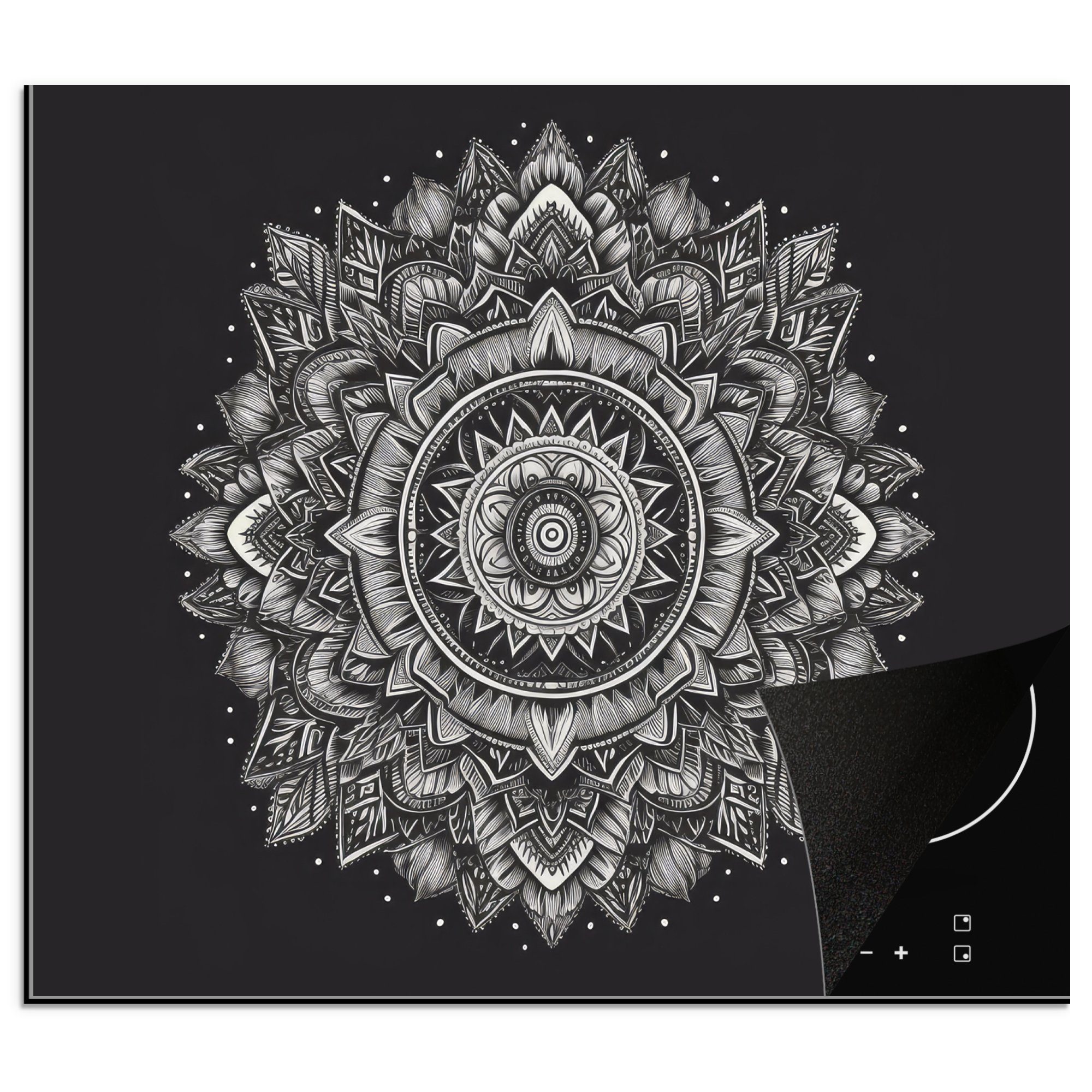 - 60x52 Blumen cm, - Herdblende-/Abdeckplatte MuchoWow tlg), (1 - Natur, weiß und Schwarz Vinyl, Mobile nutzbar, Arbeitsfläche Mandala - Ceranfeldabdeckung Böhmisch