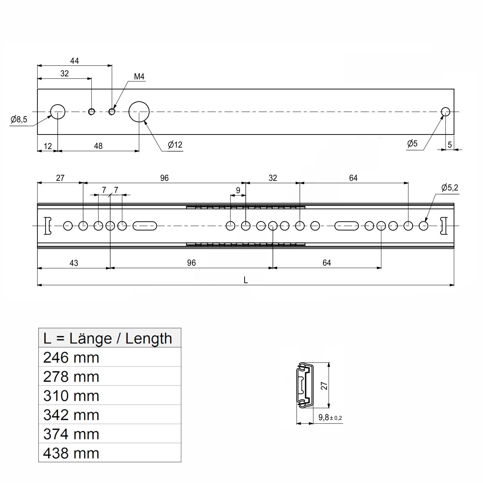 SO-TECH® Auszug Teilauszug 15 kg 246 - 438 mm KT2-15-H27-NF (2 St), 1 Paar (2 Stück) KT2-15-H27-L246-NF Höhe 27 mm, Länge 246 mm