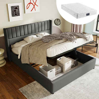 REDOM Polsterbett Stauraumbett Doppelbett (160x200cm Leinen Inklusive-Matratze), Bett mit Lattenrost aus Metallrahmen, Lattenrost aus Holz