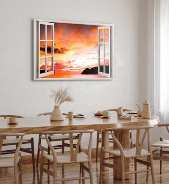 Sinus Art Leinwandbild Wandbild 120x80cm Fensterbild Meer roter Himmel Abendrot Horizont Berg, (1 St)
