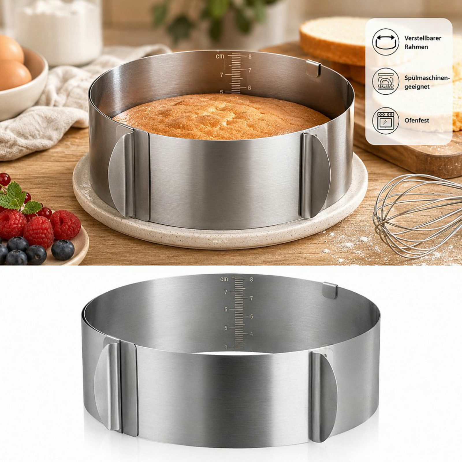 Haushalt International Backform Tortenring Kuchenring Edelstahl 16-30cm, (Stück 1-tlg), verstellbar 16-30cm, Ofenfest, Zentimeterskala