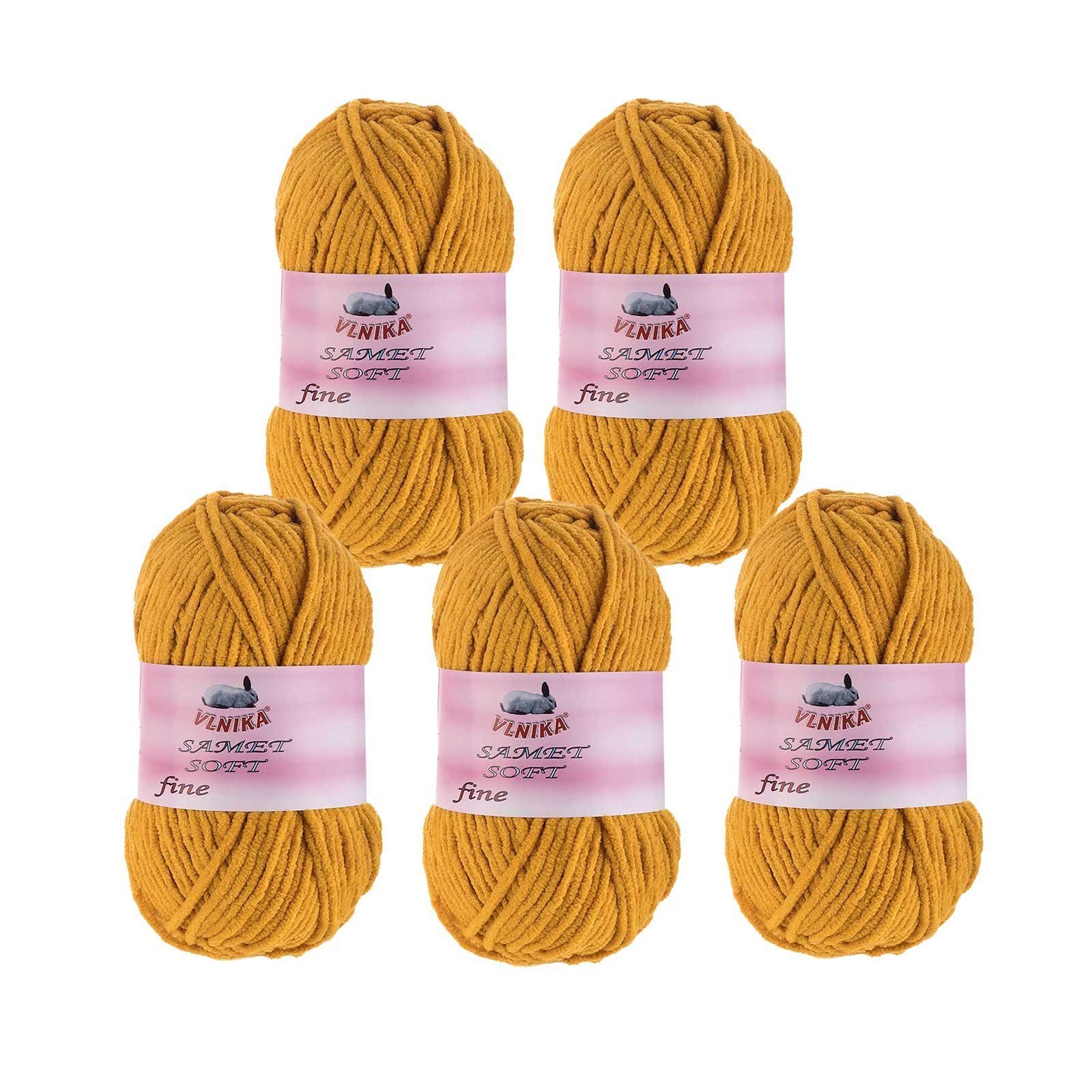 VLNIKA 5 x 100g Strickgarn Samet Soft Fine Samtwolle Strickwolle flauschige Häkelwolle, 500 m, 290 senfgelb