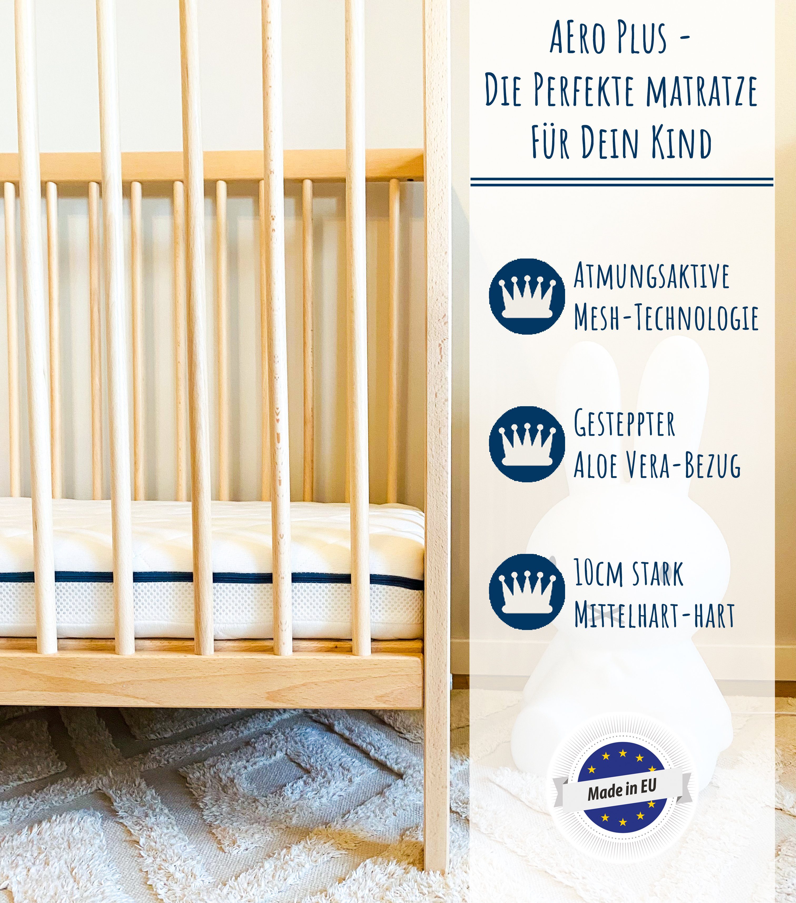 Kindermatratze AERO PLUS mit Ventilationsstreifen 60x120 70x140 80x160 80x180 90x200, Kids Collective, 10 cm hoch, Babymatratze Matratze für Babybett oder Kinde – Bild 3 von 4