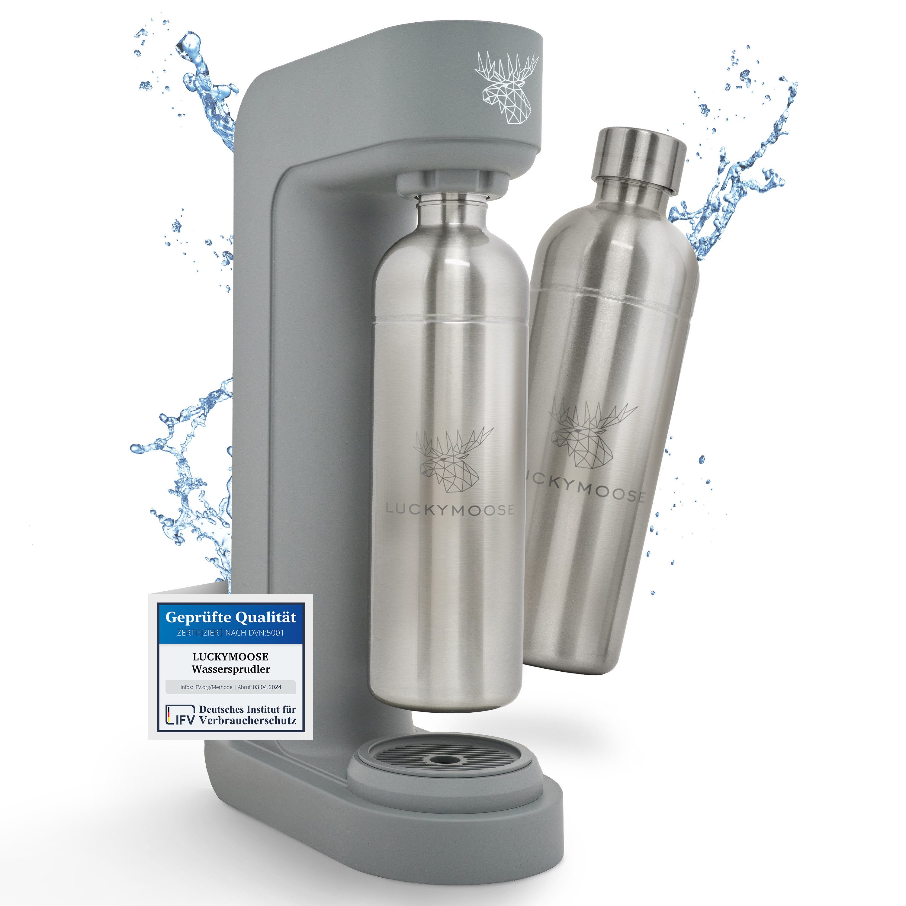Luckymoose Wassersprudler Infinity mit 2x 1,25L spülmaschinenfesten Edelstahlflaschen, (2x Silber-tlg), Spart bis zu 25% CO2, Flaschen spülmaschinenfest & ohne Ablaufdatum
