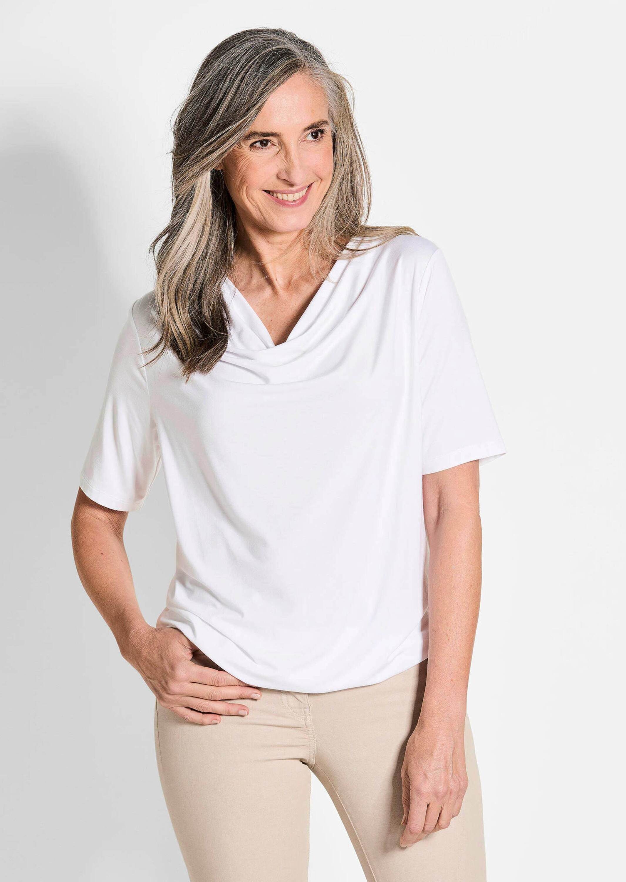 GOLDNER T-Shirt Blusenshirt mit Wasserfallausschnitt Elegantes Viskoseshirt mit Gummibund und Halbarm