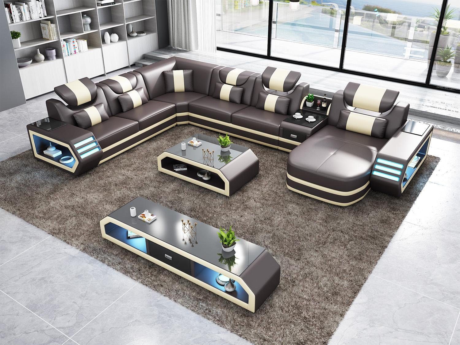 JVmoebel Wohnlandschaft Eckcouch U-Form aus Leder in Rot-Weiß mit Couchtisch, Made in Europa