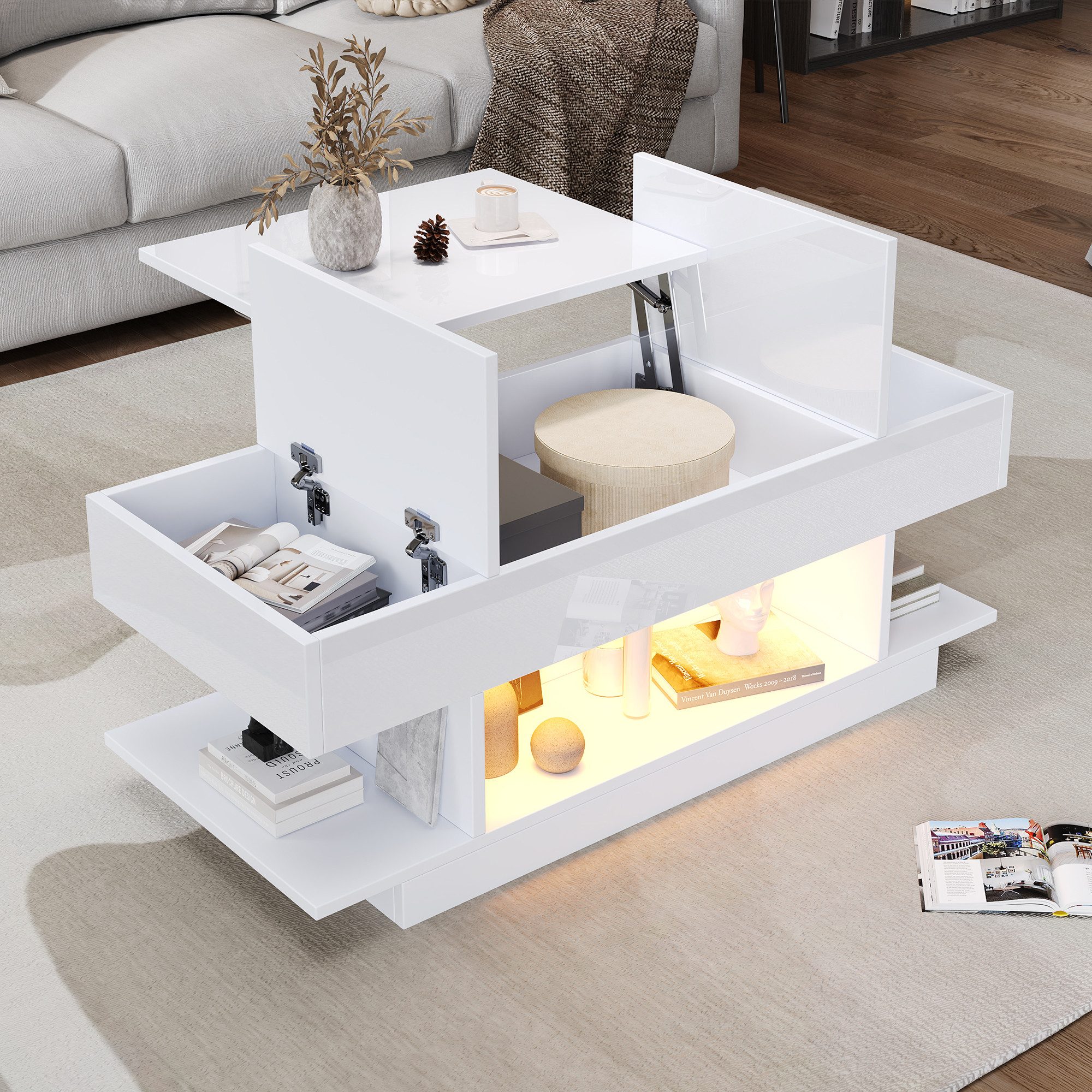 OKWISH Couchtisch mit Lift-Tischplatte (Teetisch, Wohnzimmertisch, 1-St., mit 2 Klappschränken, halboffenem Stauraum), Hochglanz-Teetisch mit LED