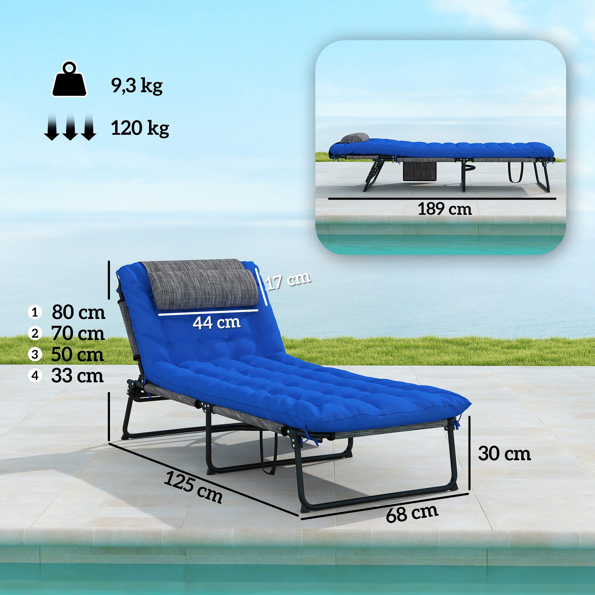 Outsunny Gartenliege Campingliege mit Kopfkissen, verstellbare Rückenlehne, Gartenstuhl, wetterfest Liegestuhl, 1 St., klappbar Sonnenliege, bis 120 kg belastbar, für Garten Outdoor Pool, Blau