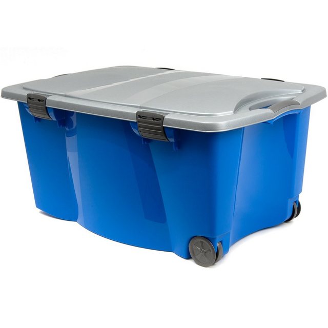 Deuba Aufbewahrungsbox, Kunststoffbox verschließbarer Deckel 2 Rollen 2 Handgriffe 80x52x41cm blau/silber Spielzeugbox Truhe