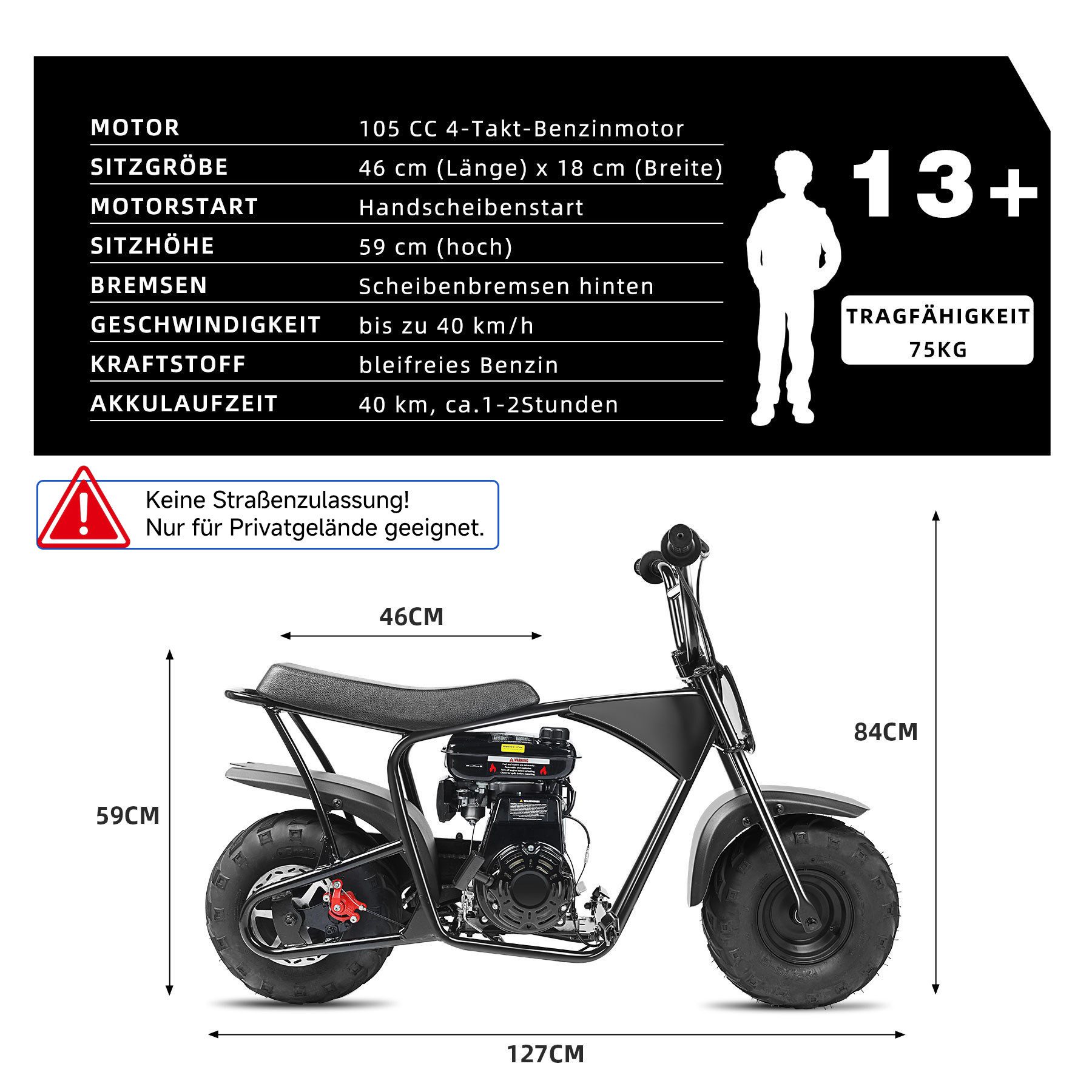 Oryxearth Dirt-Bike Pocket bike Minicross 105cc 20km/h Gasbetriebenes Offroad-Motorrad