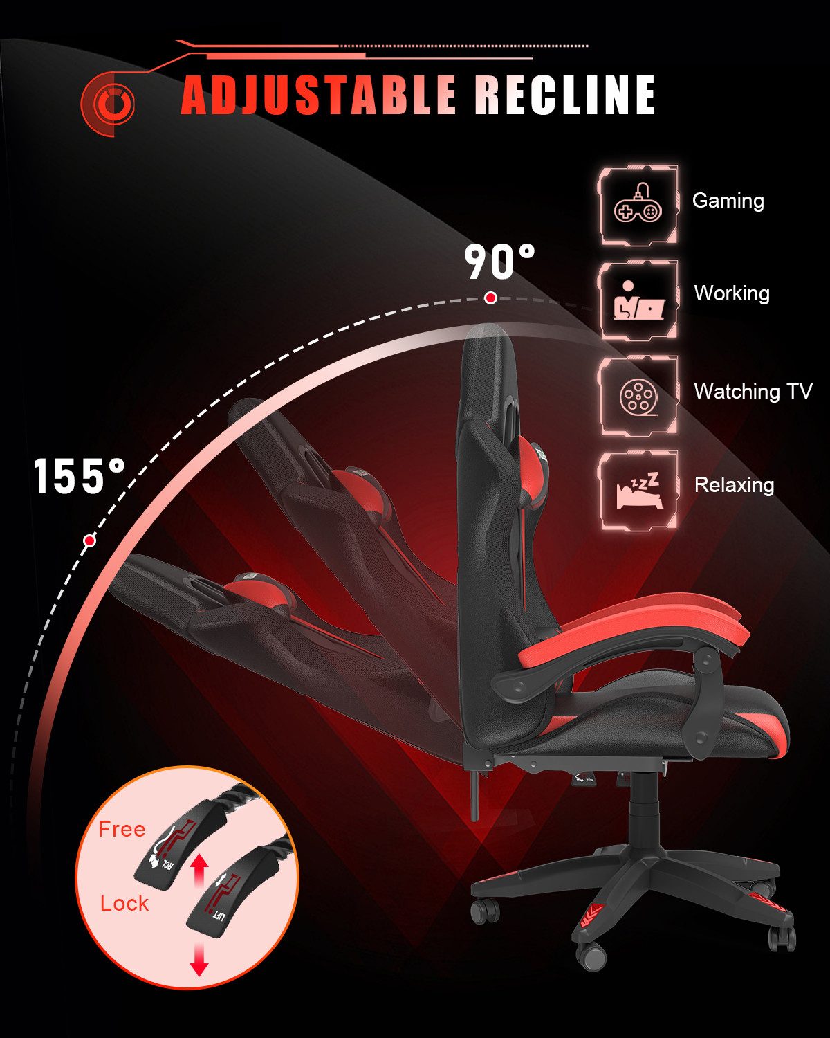 Gywowken Gaming-Stuhl mit LED - Gaming Chair Ergonomisch - 90-155° Rückenlehne – Bild 4 von 5