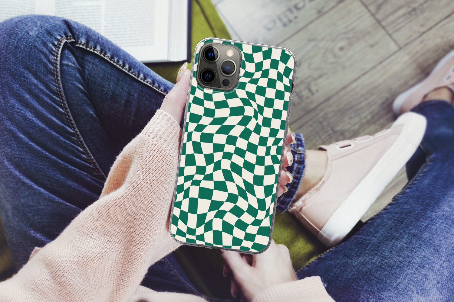 MuchoWow Handyhülle für Apple iPhone 13 Pro Gewellte Boxen - Grün - Weiß - Abstrakt, Smartphone-Bumper, Print, Handy Schutzhülle Dünn