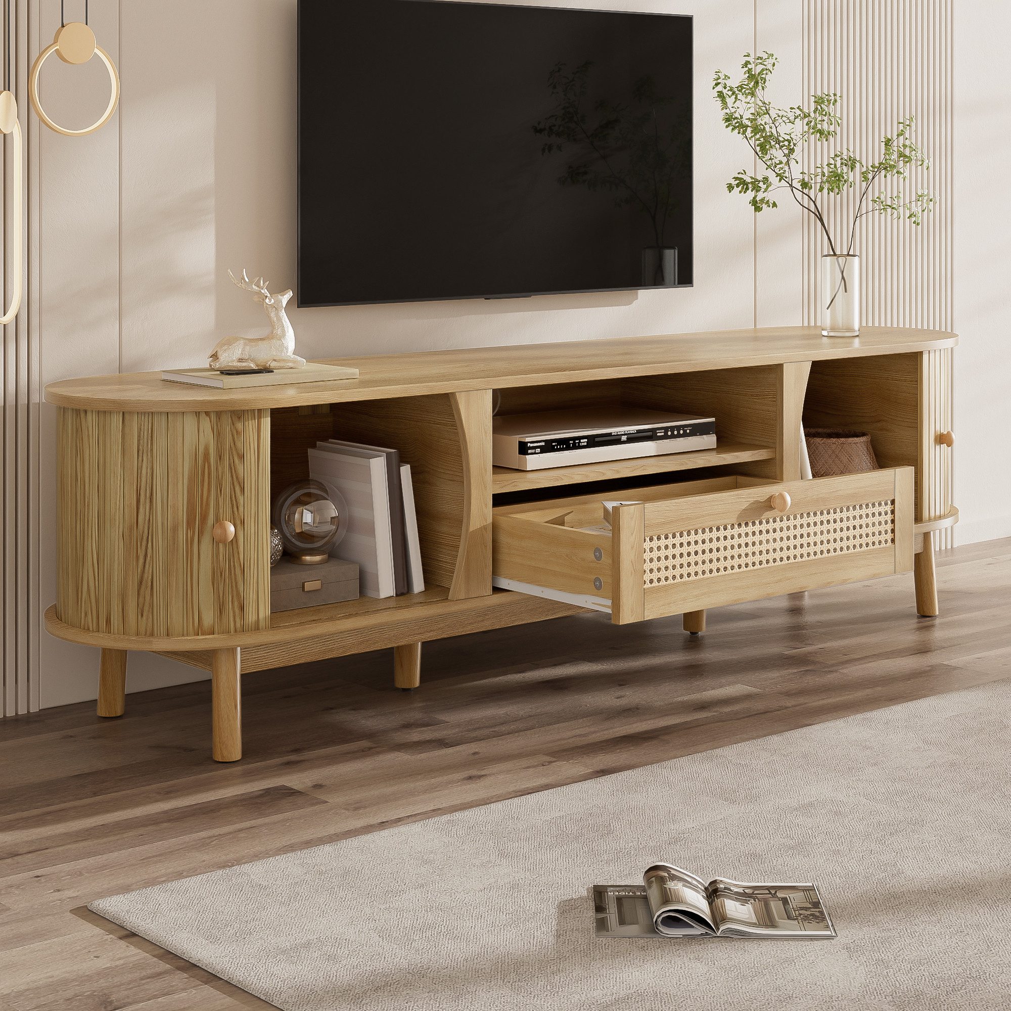 Merax Lowboard mit Schubladen mit Rattan-Oberflächen (Fernsehschrank im Landhausstil, 1 St), TV-Schrank mit 2 Schiebetüren, Staufächern & Holzfüße, 165x37x46cm