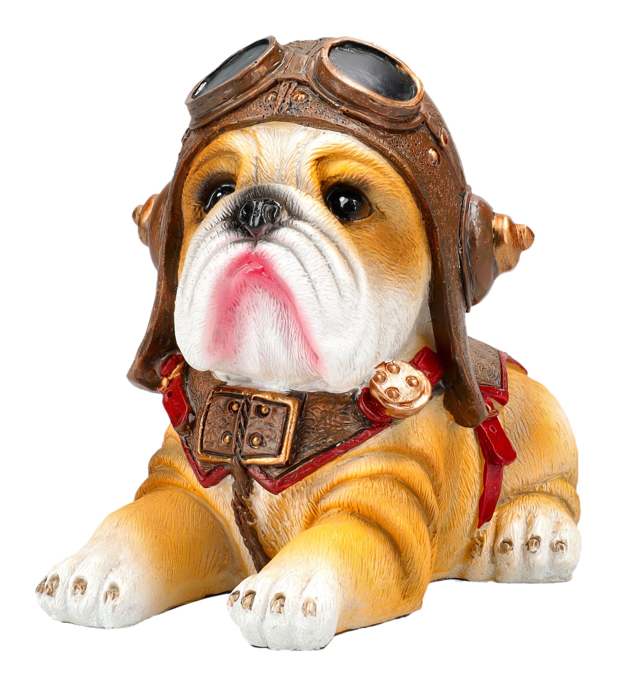 Figuren Shop GmbH Tierfigur Bulldogge Figur – Pilot Hund Statue lustige Deko Skulptur 11.5 cm