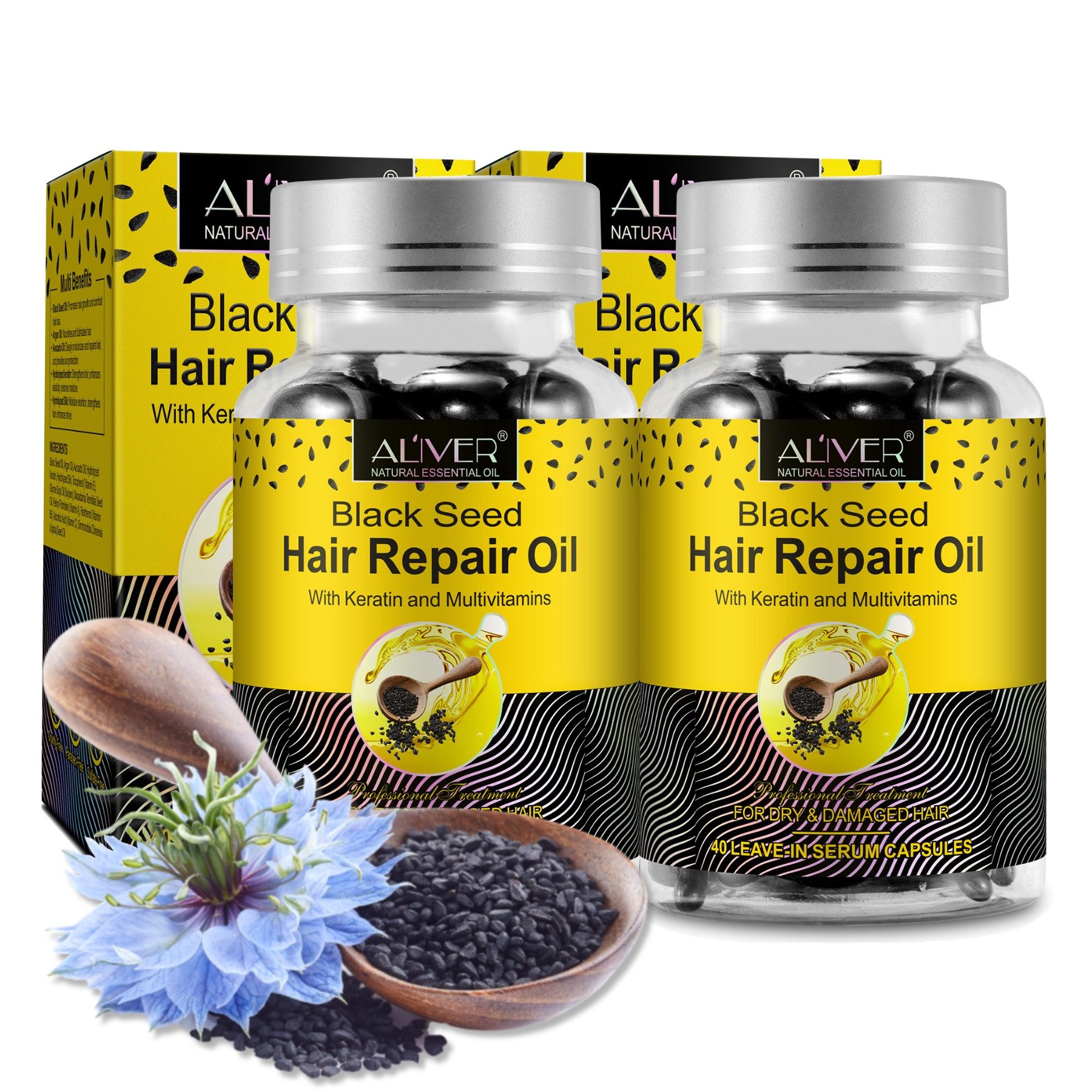 ALIVER Haaröl Schwarzkümmelöl Haarwachstum Kopfhaut Haarpflege in Kapseln Bio Vegan, 2-tlg.