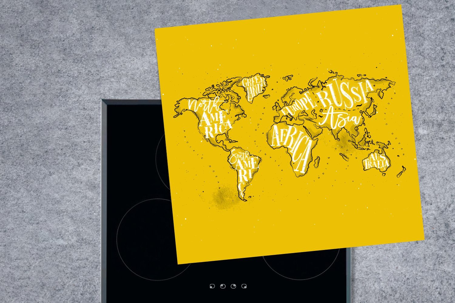 Weltkarte Weiß Herdblende-/Abdeckplatte (1 küche Arbeitsplatte Gelb MuchoWow cm, Ceranfeldabdeckung, tlg), - - Buchstaben, Vinyl, für - 78x78