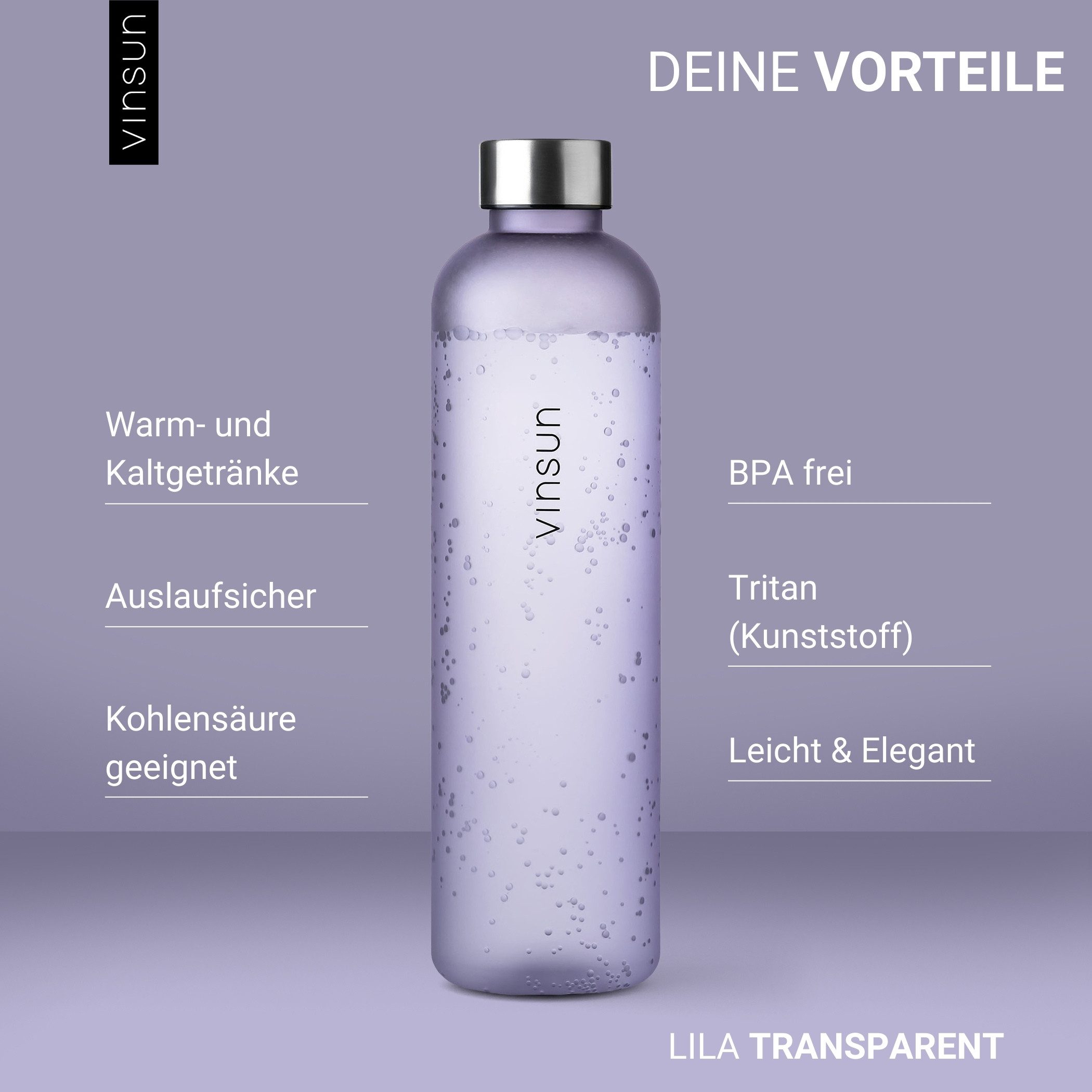 Vinsun Trinkflasche Tritan Wasserflasche 650ml - Sportflasche Kohlensäure geeignet, Auslaufsicher, BPA frei, bruchsicher, geruchs- und geschmacksneutral