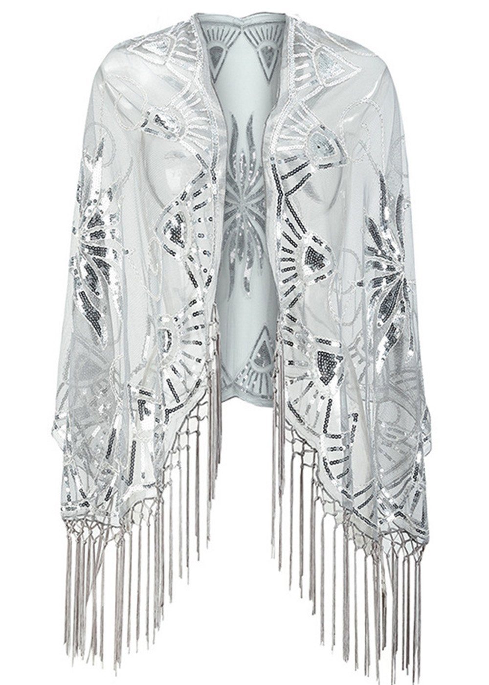 Dekorative Schal Schal Stola für Abendkleid, Quasten Schal, 1920s Damen Schal, (1-St), Gatsby-Party-Kostüm der 20er Jahre für Frauen Silber