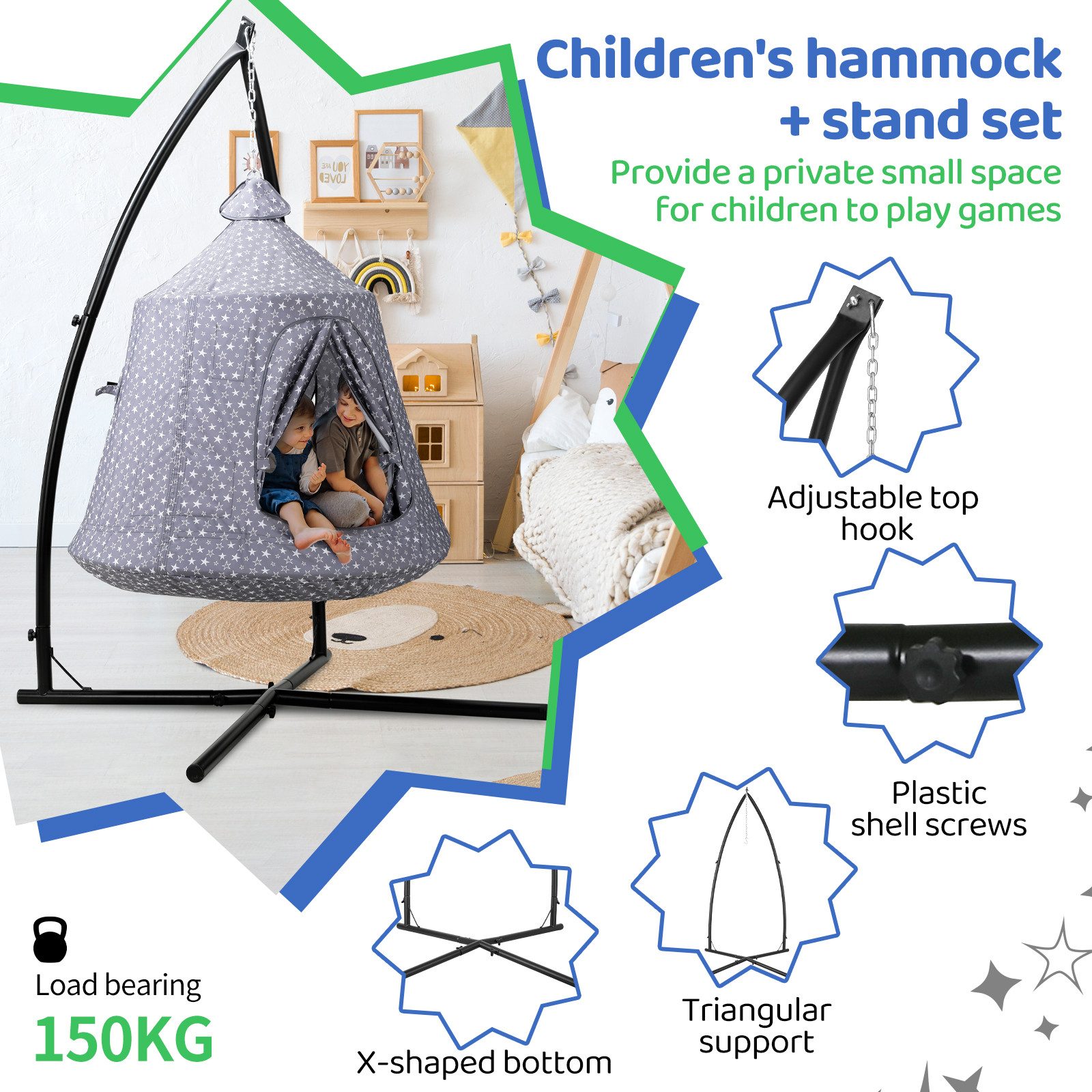 TLGREEN Hängehöhle Hängehöhle kinder mit Gestell (Hängematte int LED-Leuchten, hängezelt kinder), höhenverstellbar,Camping Hängezelt,Hänge Spielzelt
