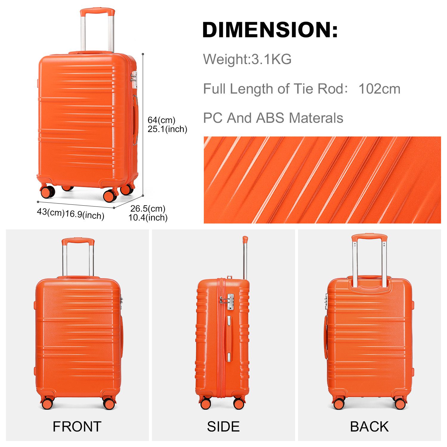 British Traveller Hartschalen-Trolley Reisekoffer Hartschalenkoffer mit 8 Spinnerrädern, TSA-Schloss, ABS+PC – Bild 2 von 5