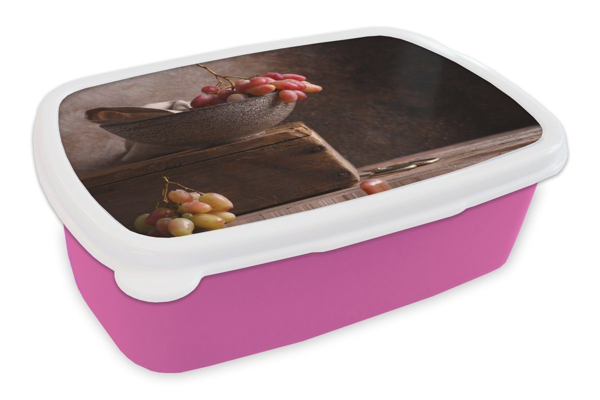 Rustikal Schale Lunchbox Obst, Brotdose - - rosa MuchoWow Mädchen, Kinder, (2-tlg), Kunststoff, Snackbox, - Weintrauben Kunststoff - Stilleben Erwachsene, Brotbox für