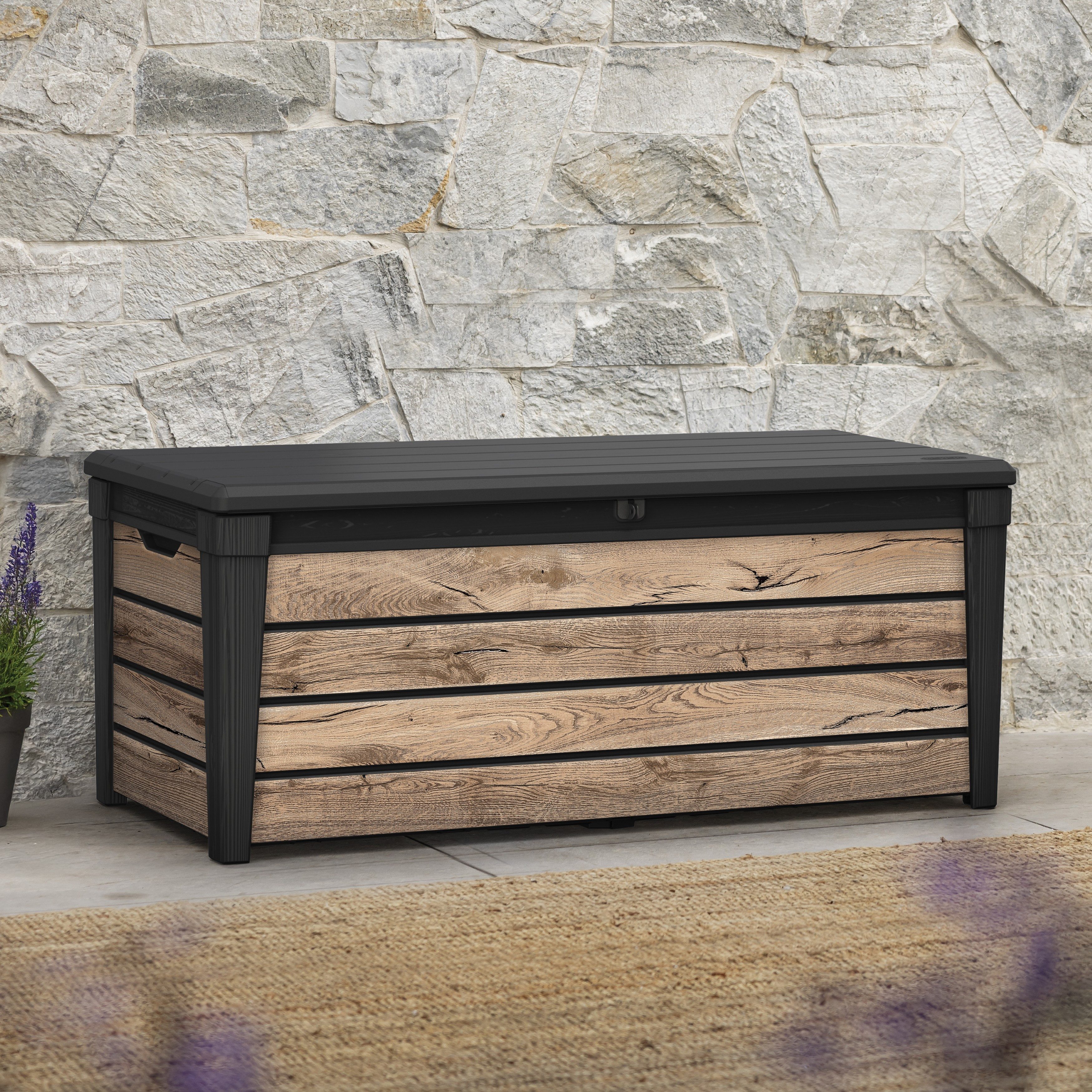 Keter Gartenbox Brightwood, 454 Liter, hochwertige Auflagenbox in Holzoptik Pinie, als Sitzgelegenheit nutzbar, mit Gasdruckfedern, abschließbar