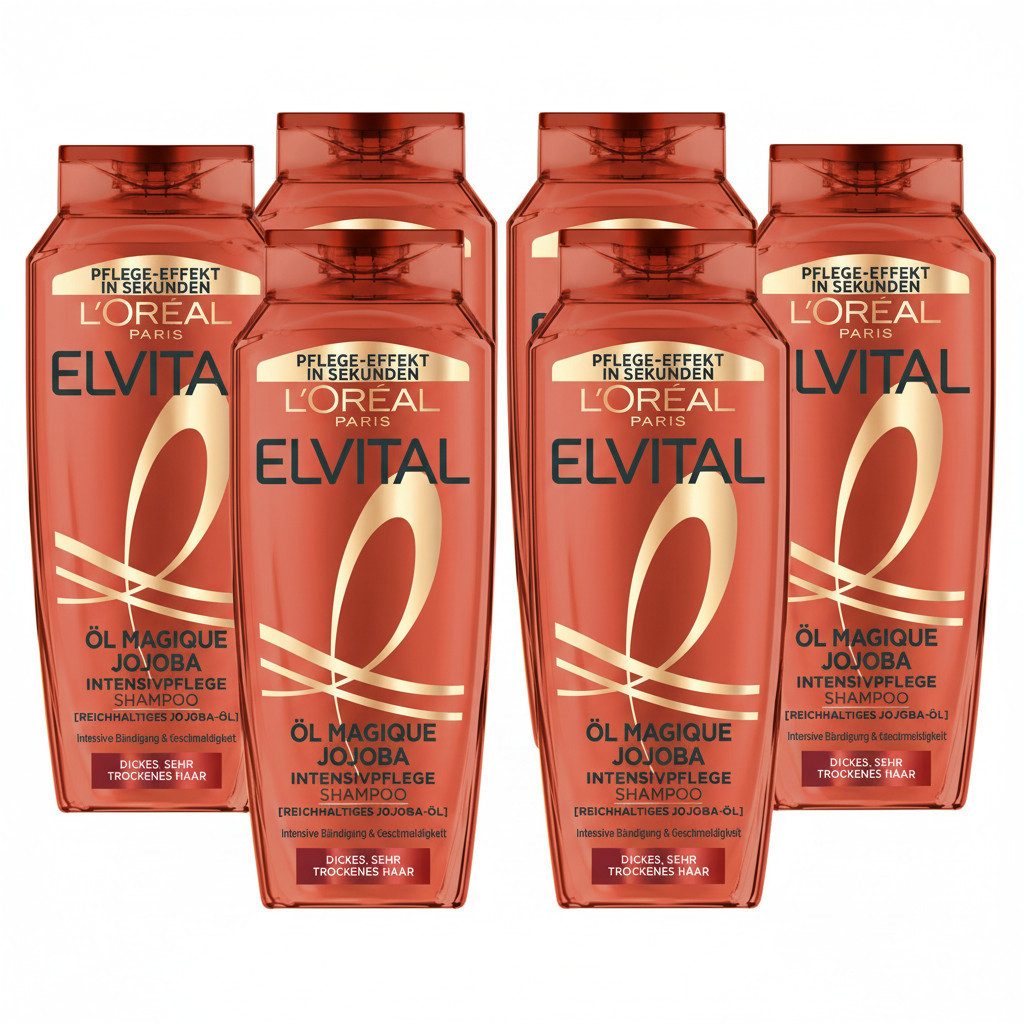 L'ORÉAL PARIS Haarshampoo L'Oréal Paris Elvital Öl Magique Jojoba Shampoo, Packung, 6-tlg., Für sehr trockenes Haar, kraftvolle Formel mit Jojoba-Öl.