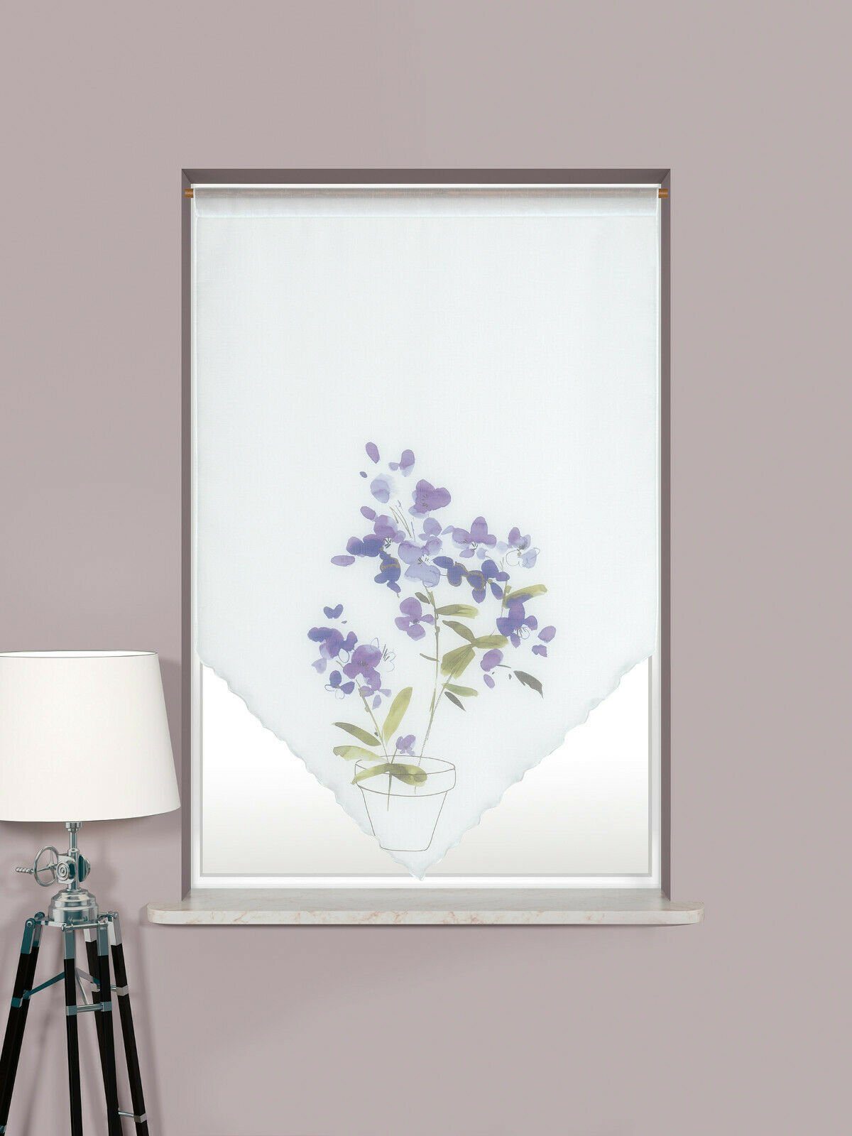 Scheibengardine Design Kuvert, weiß, Blume lila, BxH 60x90cm, 4052-01,  Clever-Kauf-24, Stangendurchzug (1 St), transparent