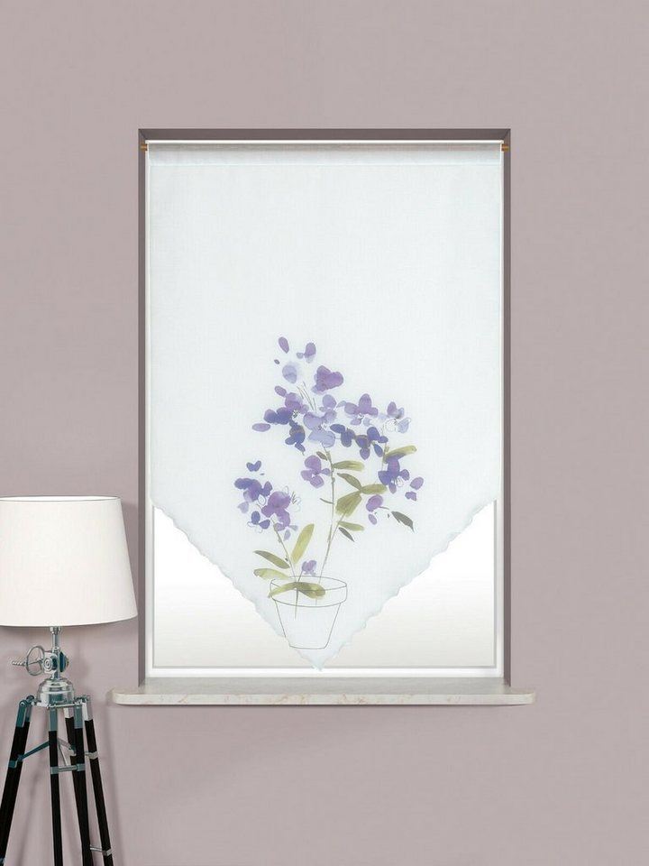 Scheibengardine Design Kuvert, weiß, Blume lila, BxH 60x90cm, 4052-01,  Clever-Kauf-24, Stangendurchzug (1 St), transparent