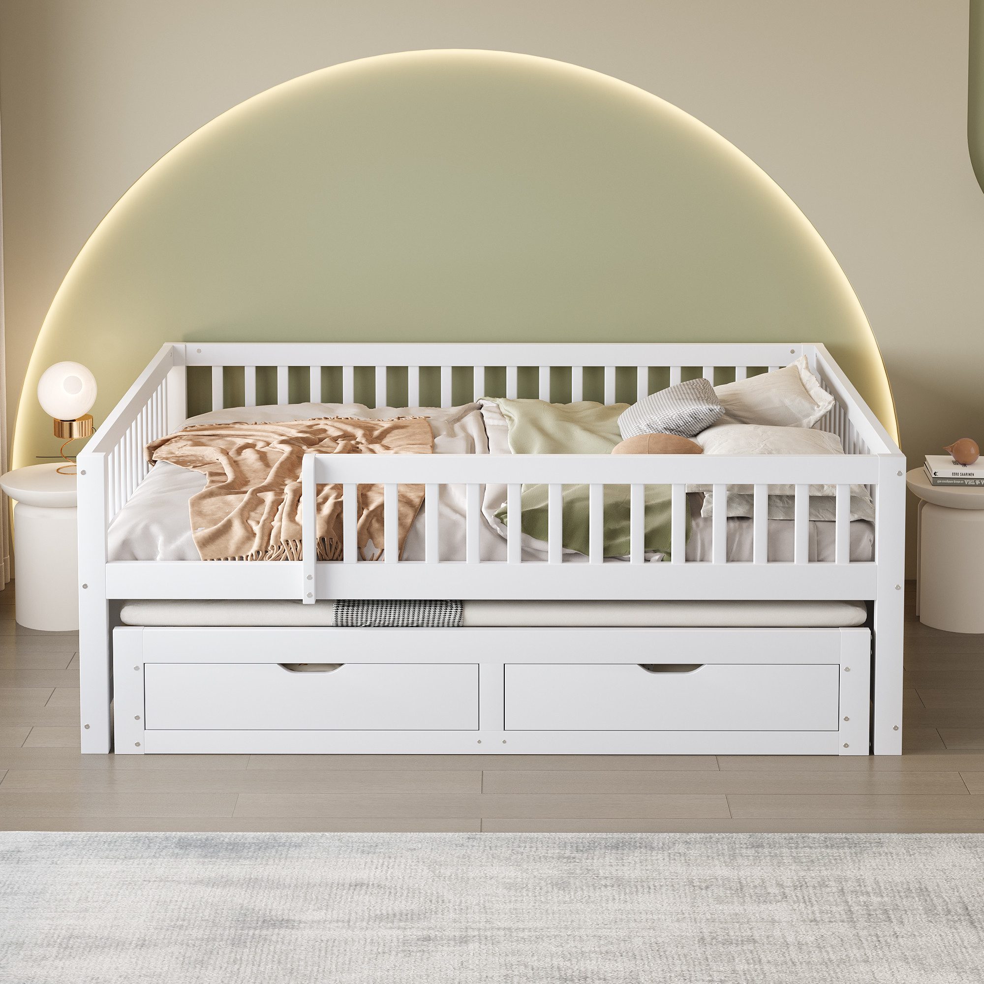 Flieks Kinderbett, Holzbett Daybett 140x200cm mit Ausziehbett 90x190cm und 2 Schubladen