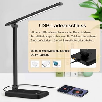 MDHAND LED Schreibtischlampe LED Tischlampe Dimmbar, Augenschutz-Modus, LED fest integriert, USB-Anschluss,Schwarz