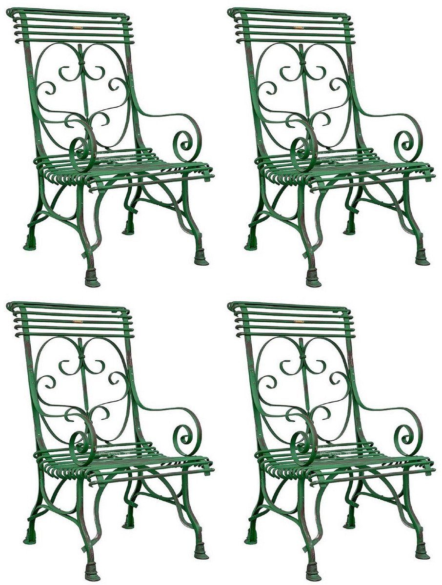 Casa Padrino Gartenstuhl Jugendstil Gartenstuhl 4er Set Antik Grün 64 x 66 x H. 114 cm - Handgefertigte Schmiedeeisen Stühle mit Armlehnen - Nostalgische Garten & Terrassen Möbel