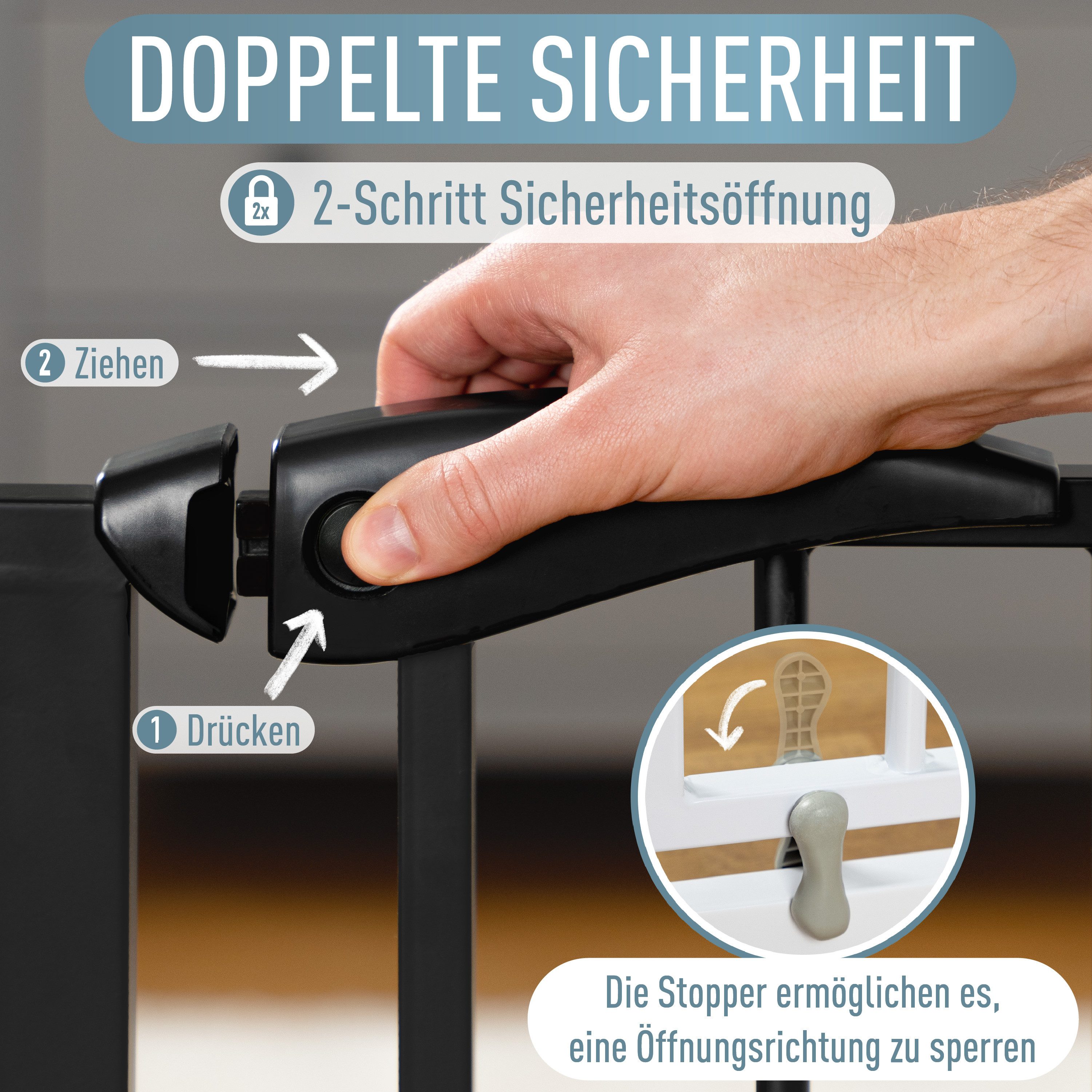 ib style Türschutzgitter Berrin Treppengitter ohne Bohren 58-66 cm schwarz, Getestet in Deutschland, 2-fach Sicherung, Babygitter bis 24 Monaten – Bild 4 von 5